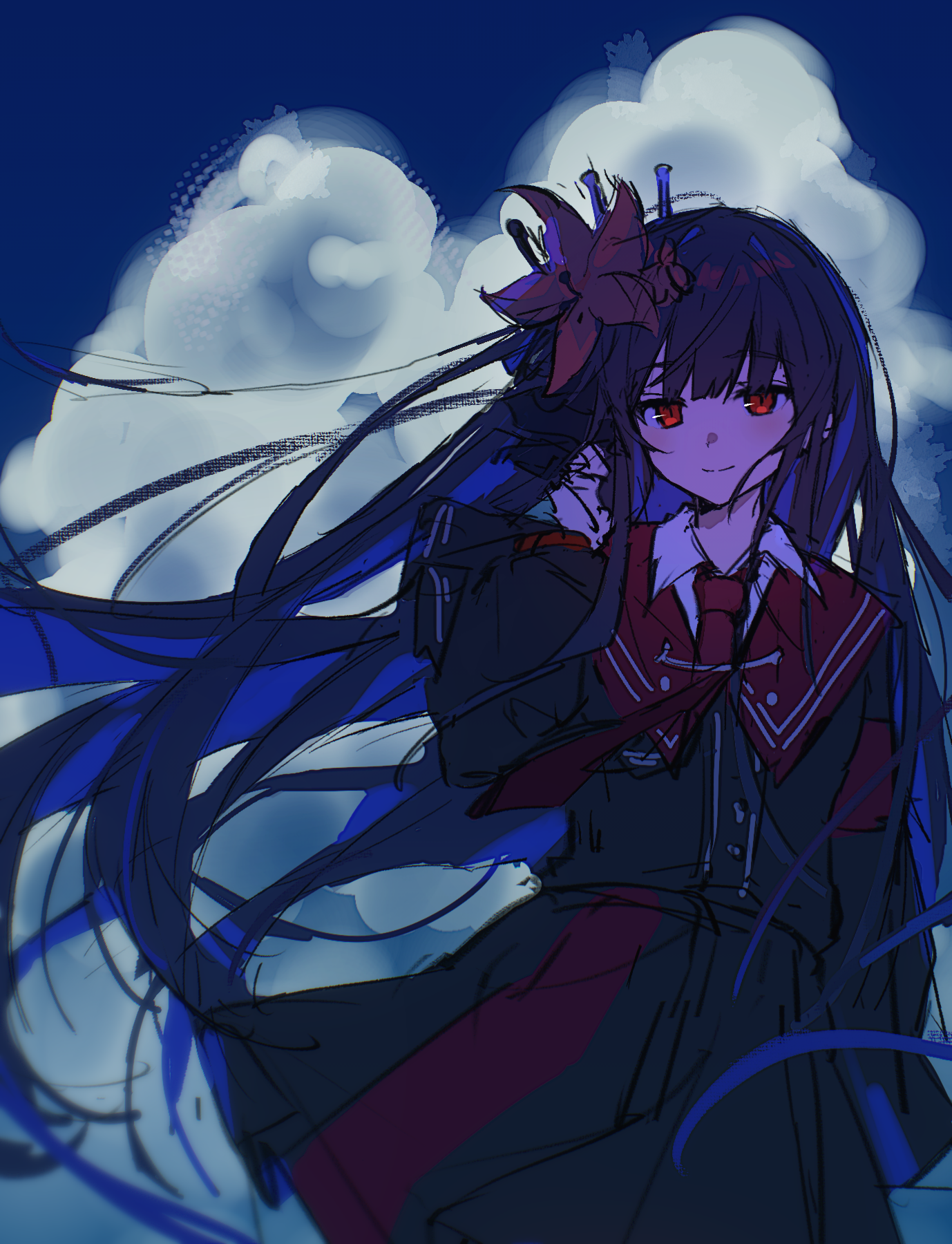 maisuiren, nikaido hiro, mahou shoujo no majo saiban, highres, 1girl, armband, black hair, black jacket, black skirt, blue sky, closed mouth, cloud, cloudy sky, collared shirt, flower, hair flower, hair ornament, hand in own hair, jacket, long hair, long sleeves, looking at viewer, necktie, outdoors, red armband, red eyes, red flower, red necktie, red sailor collar, sailor collar, shirt, sketch, skirt, sky, smile, solo, very long hair, wind, wing collar