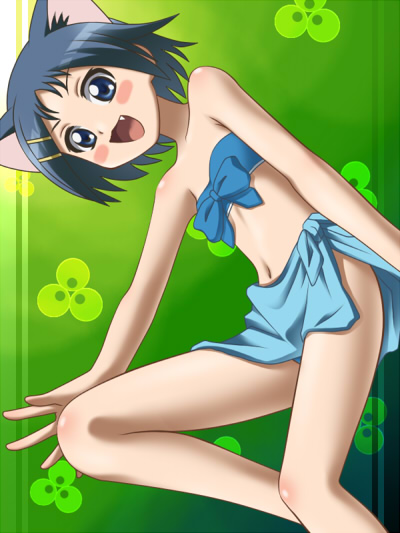 awa, ikeda kana, saki (manga), 00s, 1girl, animal ears, bikini, cat ears, cat girl, female focus, flat chest, solo, swimsuit