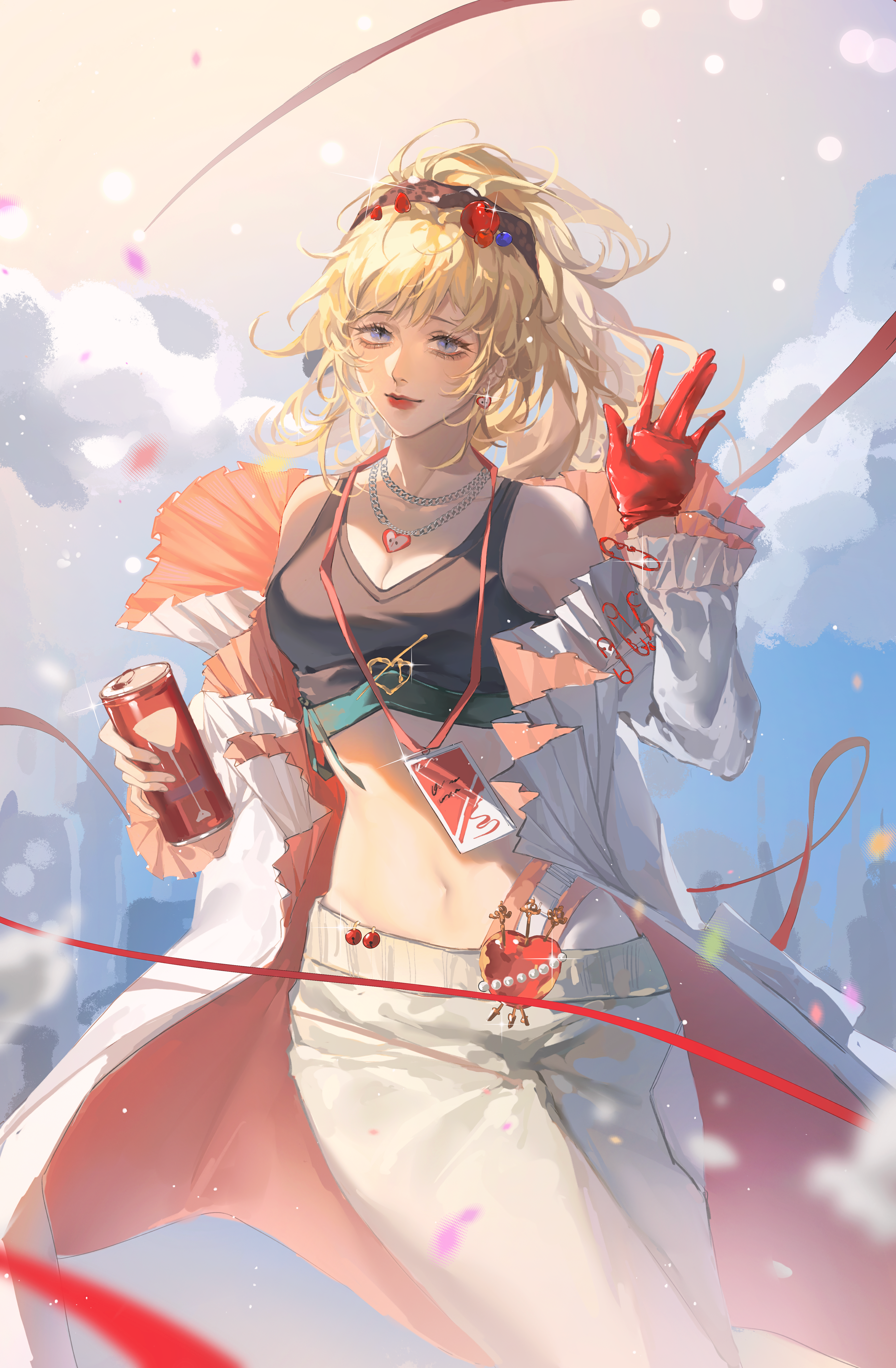 bianca (path to nowhere), path to nowhere, absurdres, commentary request, highres, 1girl, black tank top, blonde hair, can, cloud, cowboy shot, crop top, gloves, hand up, holding, holding can, light smile, midriff, navel, pants, ponytail, single glove, sky, solo, tank top, white pants, xinjinjumin533491872397