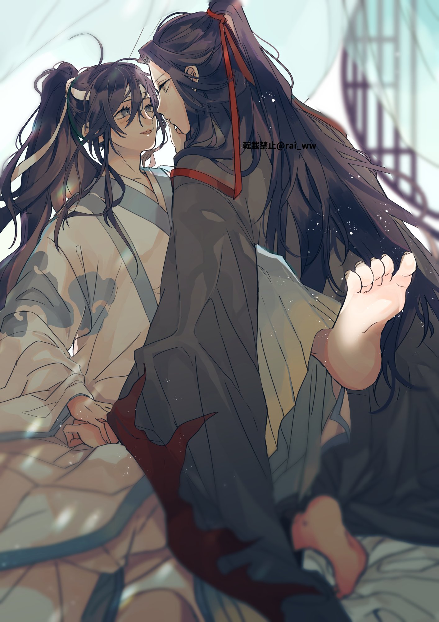 amana raika, lan wangji, wei wuxian, wei wuxian (yiling laozu), modao zushi, commentary request, highres, 2boys, ahoge, alternate costume, barefoot, bishounen, black hair, blurry, blush, chinese clothes, closed mouth, coat, cosplay, costume switch, couple, curtains, eye contact, feet, grey coat, grey eyes, hair between eyes, hair ribbon, half updo, hand on another's chin, hanfu, headband, high ponytail, holding hands, lan wangji (cosplay), lattice, light particles, long hair, long sleeves, looking at another, male focus, multiple boys, parted lips, ponytail, red ribbon, ribbon, robe, round window, sidelocks, sitting, smile, soles, twitter username, very long hair, wei wuxian (cosplay), wei wuxian (yiling laozu) (cosplay), white hanfu, white headband, wide sleeves, window, yaoi, yellow eyes