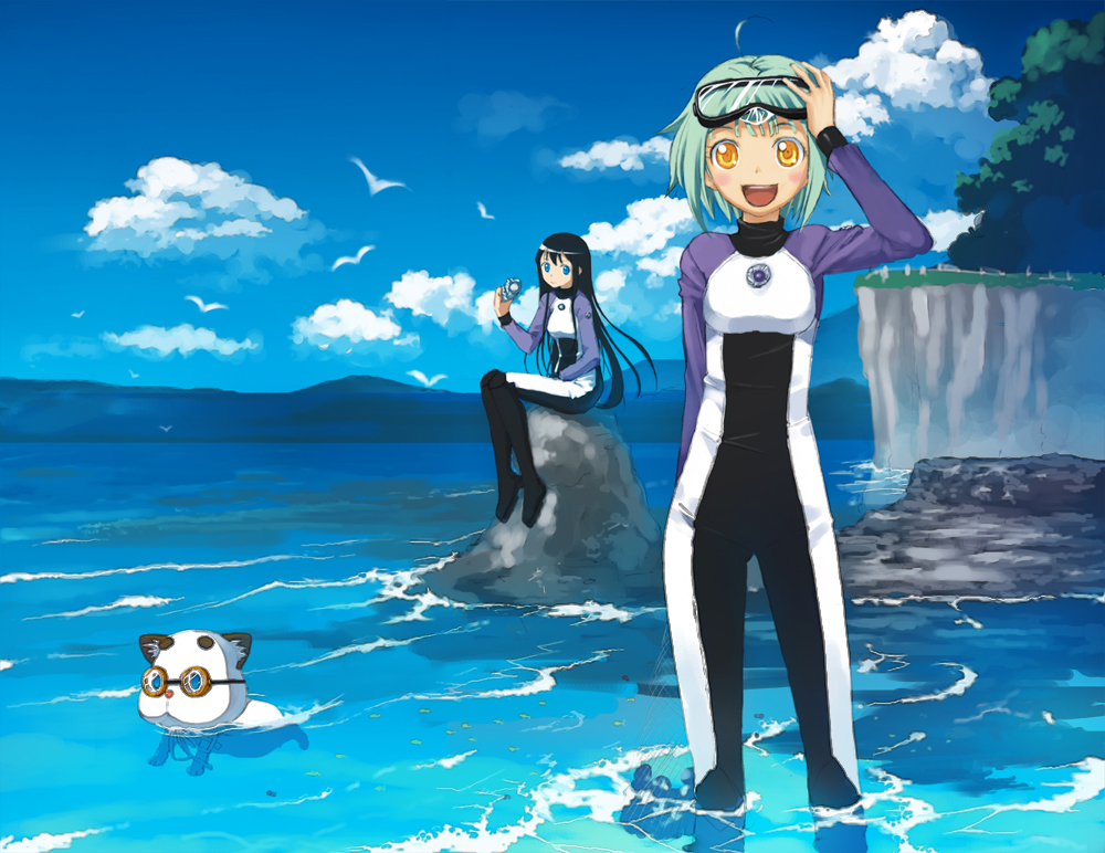 hirokiku, kohinata hikari, ooki futaba, amanchu!, 2girls, blush, bodysuit, cloud, day, diving mask, diving mask on head, diving suit, goggles, goggles on head, happy, long hair, multiple girls, ocean, outdoors, rock, scenery, short hair, sky, wetsuit
