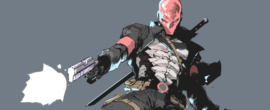 dexter soy, jason todd, batman (series), dc comics, commentary, english commentary, 1boy, bat signal, batman symbol, black bodysuit, bodysuit, gloves, grey bodysuit, helmet, male focus, mask, multicolored bodysuit, muscular, red hood and the outlaws, red mask, simple background, solo, standing, superhero costume, sword, taut bodysuit, two-tone bodysuit, upper body, weapon, western comics (style), white eyes