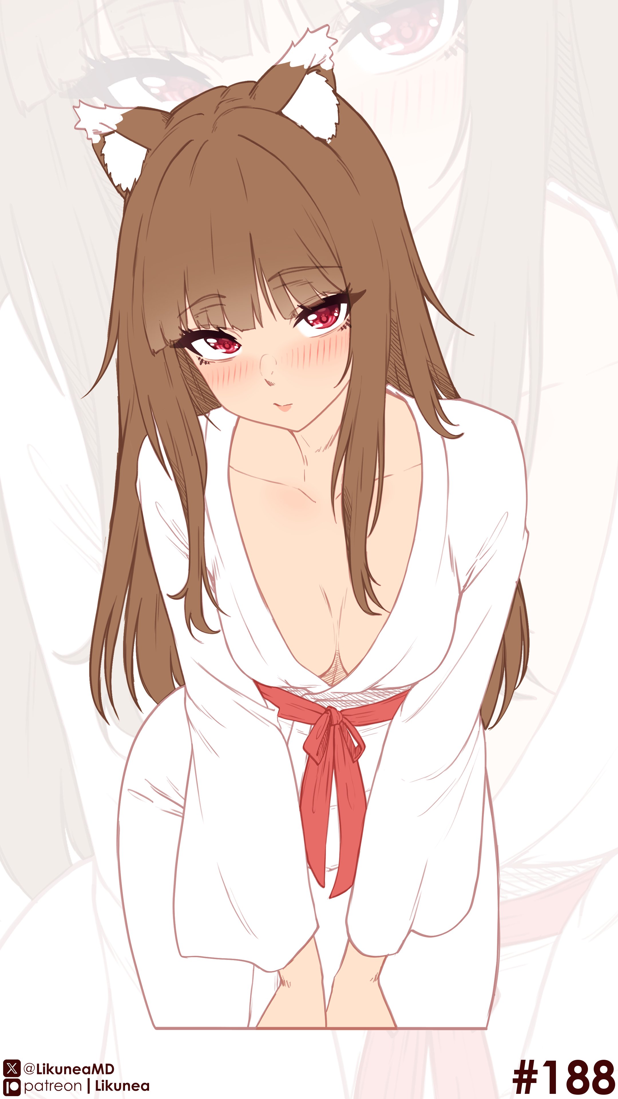 likunea, holo, spice and wolf, absurdres, commentary, english commentary, highres, 1girl, animal ears, bathrobe, blush, breasts, brown hair, cleavage, closed mouth, collarbone, fang, leaning forward, long hair, looking at viewer, patreon logo, patreon username, red eyes, simple background, solo, twitter username, twitter x logo, white background, white bathrobe, wolf ears, wolf girl, zoom layer
