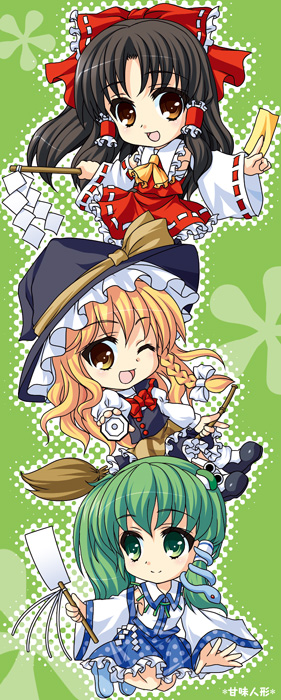 katagiri chisato, hakurei reimu, kirisame marisa, kochiya sanae, touhou, undefined fantastic object, 3girls, black hair, blonde hair, broom, broom riding, detached sleeves, female focus, gohei, green hair, hat, japanese clothes, miko, mini-hakkero, multiple girls, ofuda, witch, witch hat