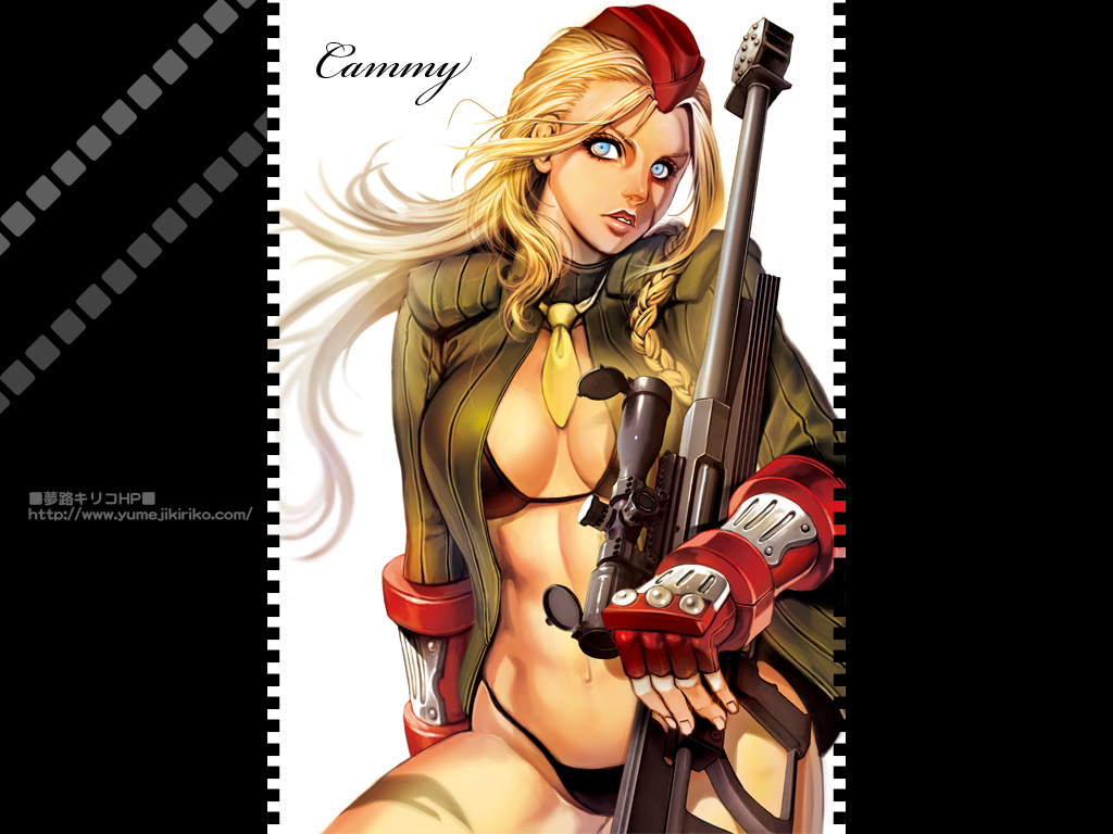 yumeji kiriko, cammy white, capcom, street fighter, bad id, bad pixiv id, 1girl, abs, alternate hairstyle, bikini, blonde hair, blue eyes, braid, breasts, cleavage, female focus, garrison cap, gun, hat, large breasts, lips, open clothes, open shirt, rifle, shirt, solo, swimsuit, weapon