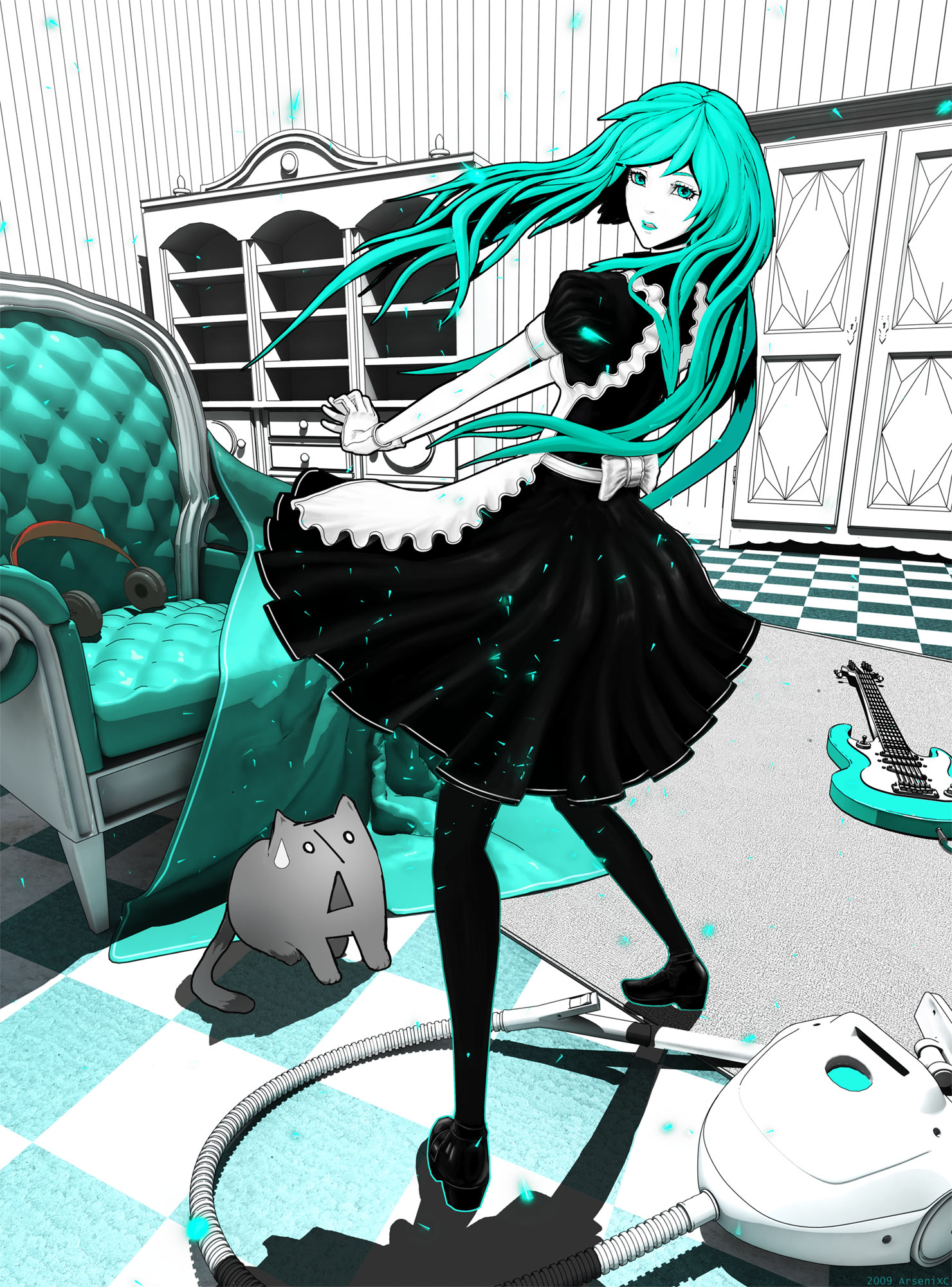 arsenixc, hatsune miku, vocaloid, bad id, bad pixiv id, highres, 1girl, 3d, alternate costume, aqua eyes, aqua hair, armchair, artist self-insert, cat, chair, enmaided, fictional persona, gloves, guitar, headphones, headphones removed, instrument, lipstick, long hair, maid, makeup, monochrome, o o, pantyhose, spot color, strat (guitar), sweatdrop, vacuum cleaner