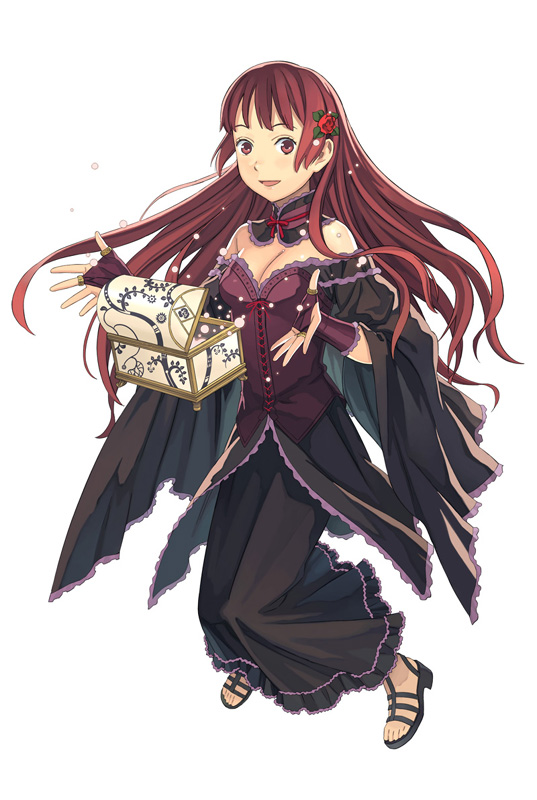 katoh akatsuki, breasts, cleavage, dress, fingerless gloves, gloves, large breasts, long hair, red hair, sandals, simple background, solo, treasure chest, white background