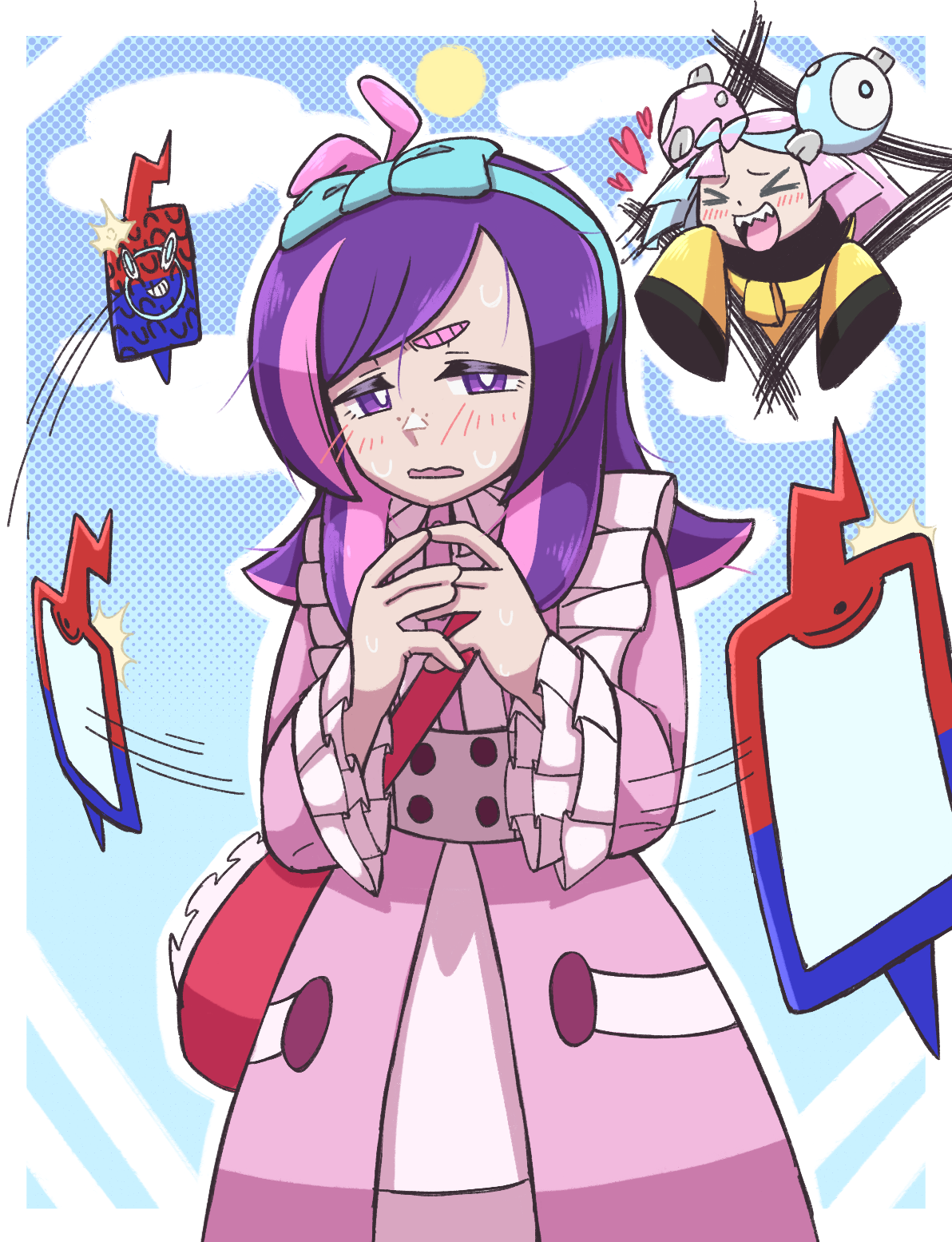 icydirtball, dot (pokemon), iono (pokemon), rotom, rotom phone, nintendo, pokemon, pokemon (anime), pokemon horizons, pokemon sv, commentary, english commentary, highres, > <, 2girls, blue bow, blue hair, blush, bow, bow-shaped hair, character hair ornament, chibi, cloud, dress, embarrassed, gen 4 pokemon, hair bow, hair ornament, hairclip, halftone, halftone background, heart, jacket, long hair, long sleeves, looking at viewer, multicolored hair, multiple girls, nervous, nervous sweating, official alternate costume, official alternate hairstyle, open mouth, oversized clothes, pink dress, pink hair, purple hair, red bag, sharp teeth, sleeves past fingers, sleeves past wrists, split-color hair, sun, sweat, sweatdrop, taking picture, teeth, two-tone hair