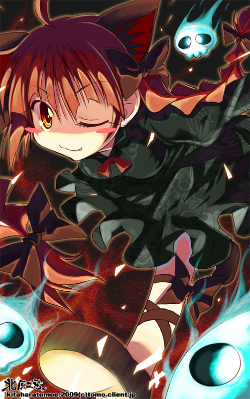 kitahara tomoe (kitahara koubou), kaenbyou rin, touhou, bad id, bad pixiv id, 1girl, :3, blush, blush stickers, fang, female focus, one eye closed, red eyes, red hair, solo, wink