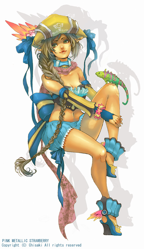 chisaki, chisaki (sorajik), original, 1girl, breasts, brown eyes, brown hair, cleavage, female focus, hat, lizard, midriff, navel, pirate hat, solo