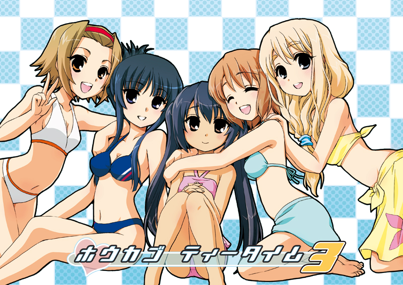 fujieda miyabi, akiyama mio, hirasawa yui, kotobuki tsumugi, nakano azusa, tainaka ritsu, k-on!, 00s, 5girls, bikini, closed eyes, ho-kago tea time, hug, multiple girls, sitting, smile, swimsuit, v