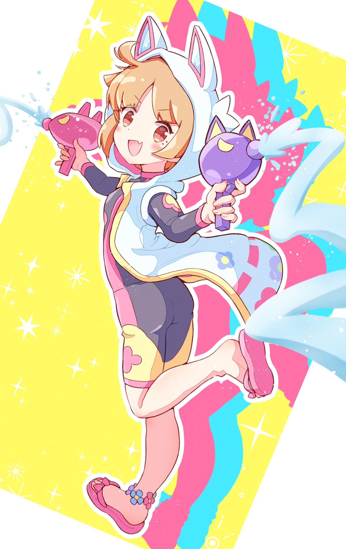 jazz grace, rebecca (puyopuyo quest), puyopuyo, puyopuyo quest, commentary request, highres, 1girl, ahoge, animal ear hood, bodysuit, brown eyes, brown hair, cloak, coat, diving suit, fake animal ears, fang, flower anklet, holding, holding water gun, hood, looking at viewer, open mouth, pink sandals, projected inset, sandals, silhouette, skin fang, sleeveless, sleeveless coat, solo, sparkle, standing, standing on one leg, toes, water, water gun, wetsuit