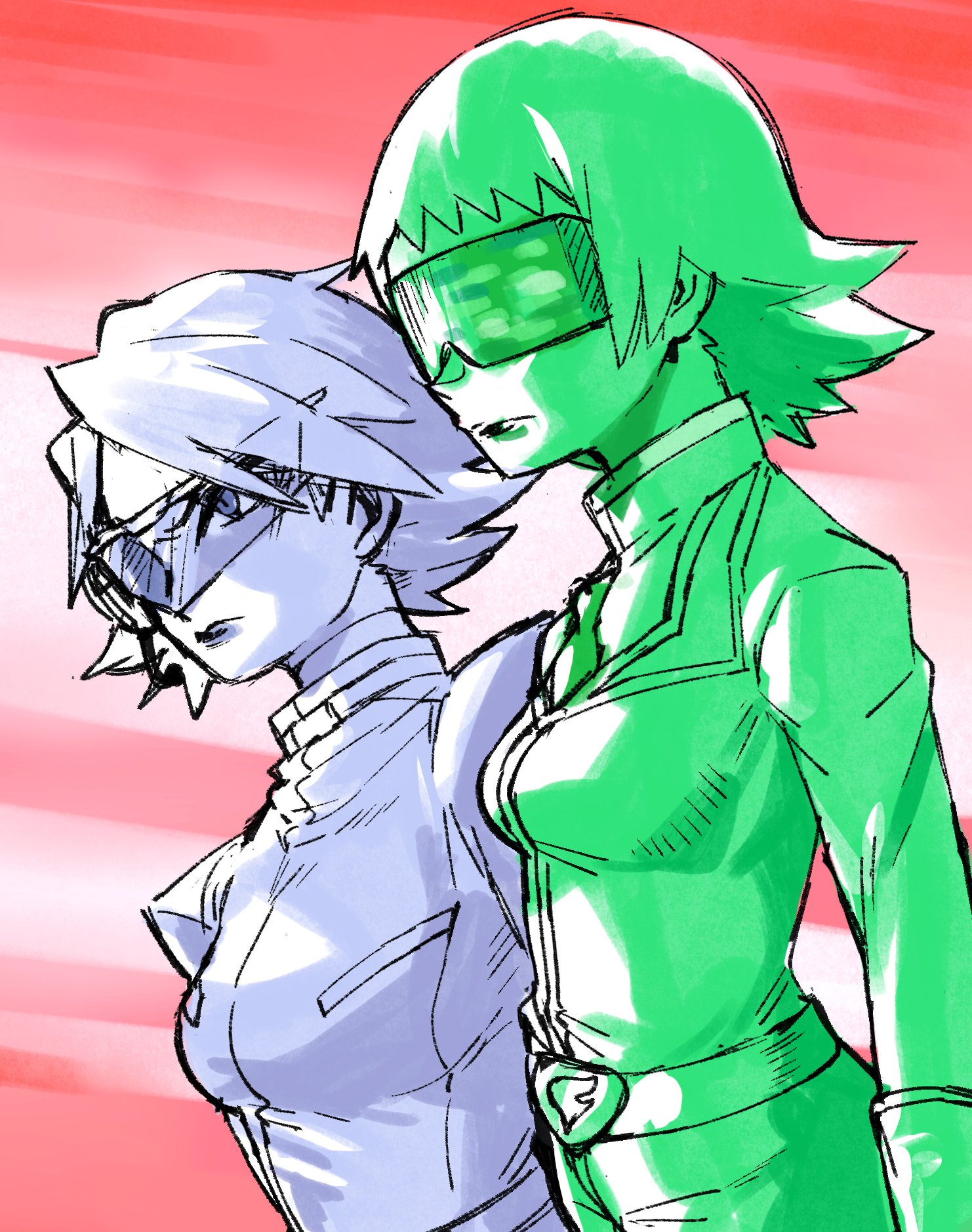 woogleboy, bryony (pokemon), j (pokemon), nintendo, pokemon, pokemon (anime), pokemon dppt (anime), pokemon xy, commentary, english commentary, highres, belt, blue hair, coat, green-tinted eyewear, green hair, green lips, jacket, limited palette, lipstick, long sleeves, makeup, multiple monochrome, necktie, red background, short hair, sunglasses, team flare, tinted eyewear