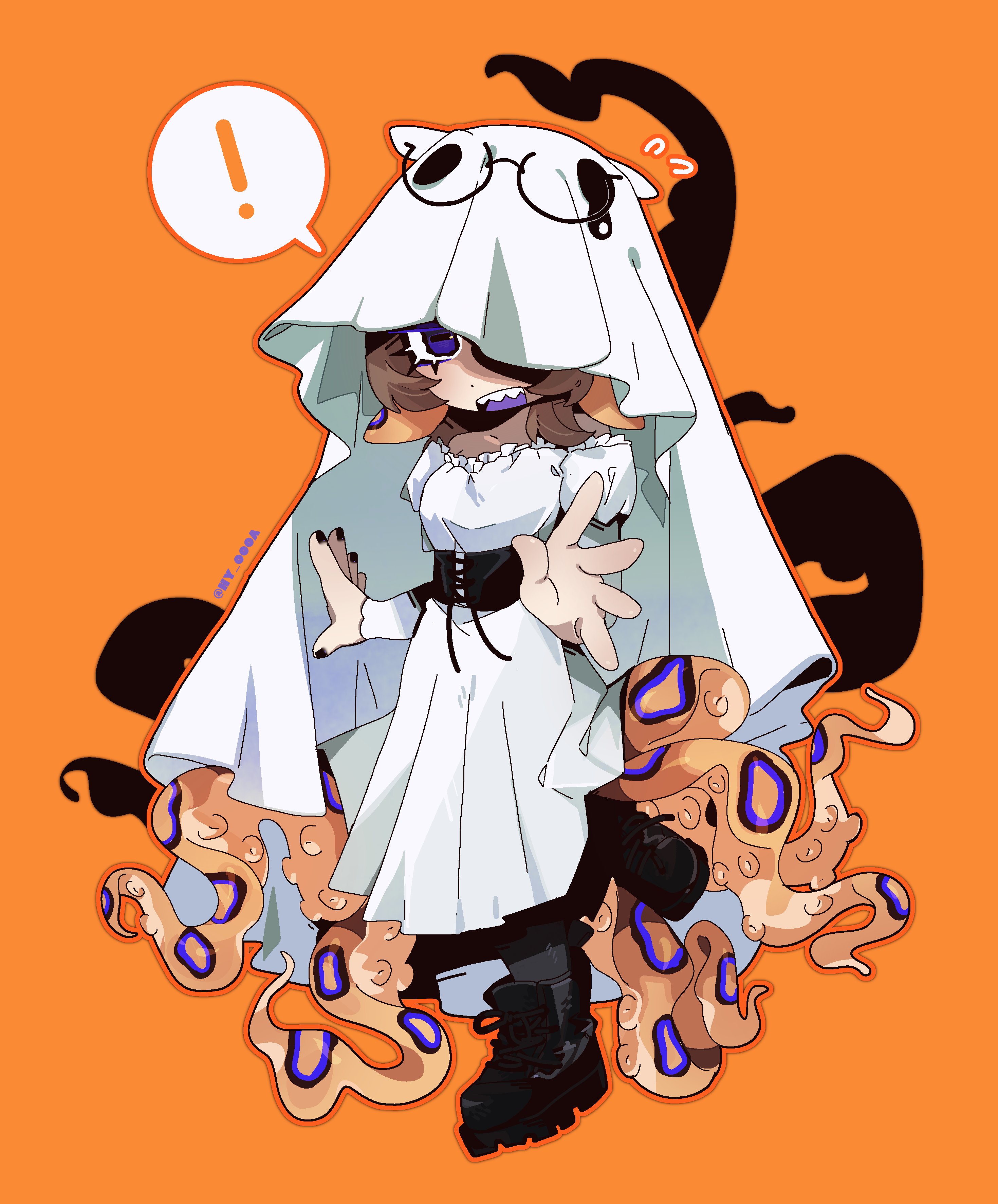 ny 000a, original, absurdres, highres, !, 1girl, boots, chibi, corset, dress, full body, monster girl, nail polish, orange background, purple eyes, sharp teeth, sheet ghost, short hair, simple background, teeth, tentacles