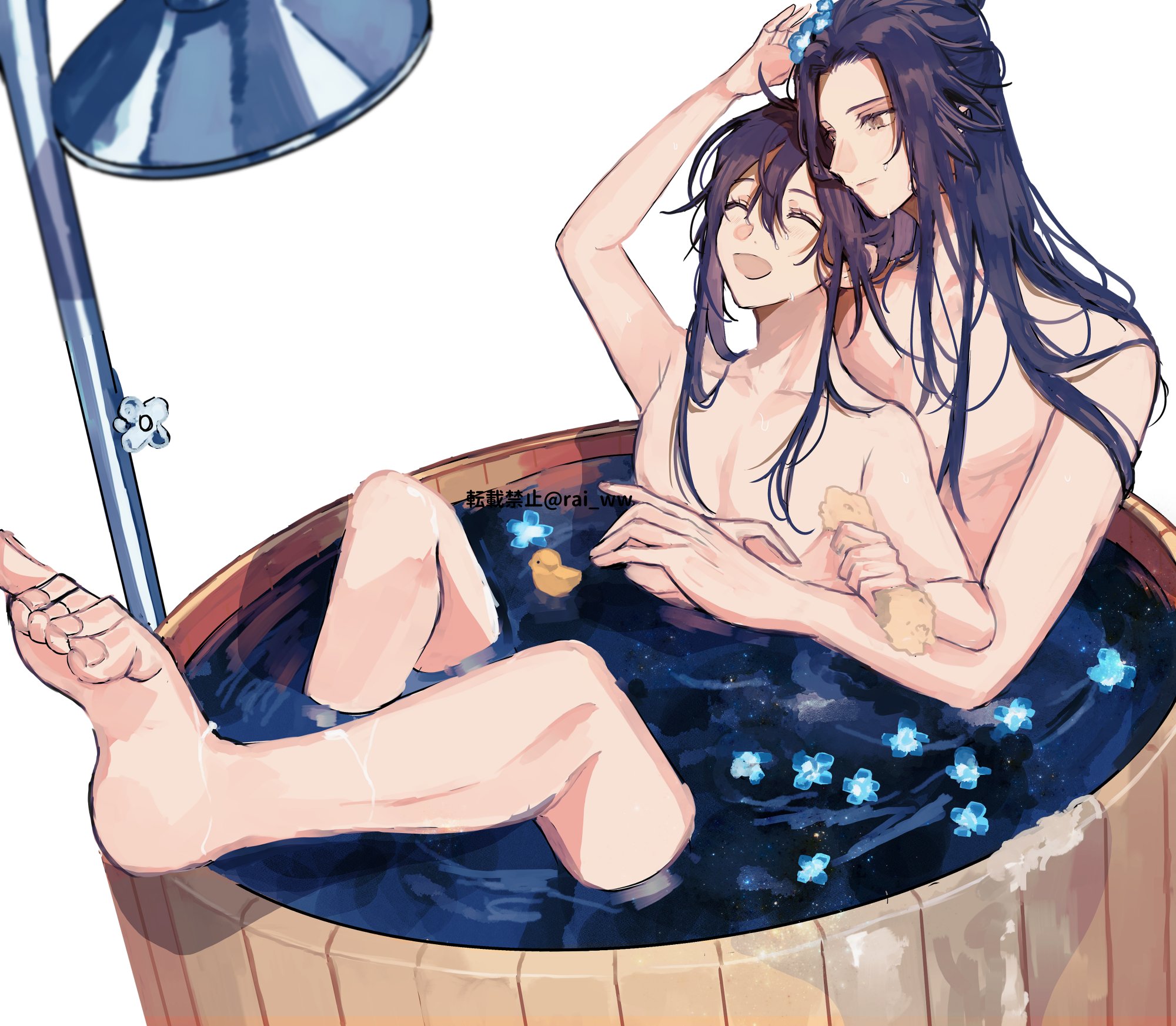 amana raika, lan wangji, wei wuxian, modao zushi, commentary request, highres, 2boys, barefoot, bath, bathing, bathtub, bishounen, black hair, blue flower, closed eyes, closed mouth, couple, feet, flower, flower on liquid, hair flower, hair ornament, hand on another's head, hand up, holding, holding sponge, hug, hug from behind, in bathtub, leg up, long hair, looking at another, male focus, multiple boys, nude, open mouth, partially submerged, pectorals, ponytail, rubber duck, shared bathing, shower head, sidelocks, simple background, sitting, smile, sponge, toes, twitter username, water, wet, wet hair, white background, white flower, wooden bathtub, yaoi, yellow eyes
