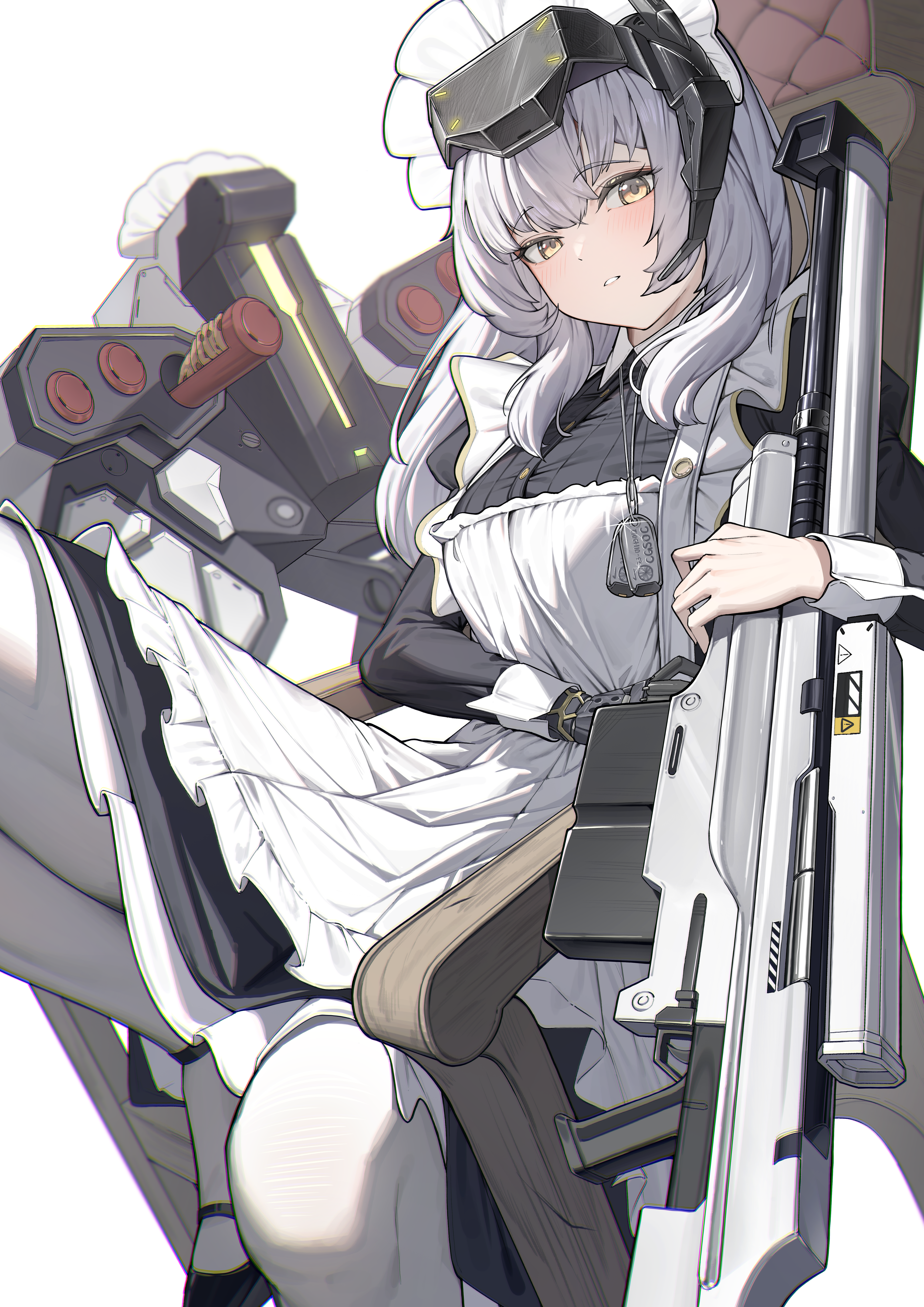 ko uniii, snow white (nikke), goddess of victory: nikke, absurdres, commentary, highres, symbol-only commentary, 1girl, apron, long hair, looking at viewer, maid, maid apron, maid headdress, pantyhose, simple background, solo, white apron, white background, white hair, white headdress, white pantyhose, yellow eyes