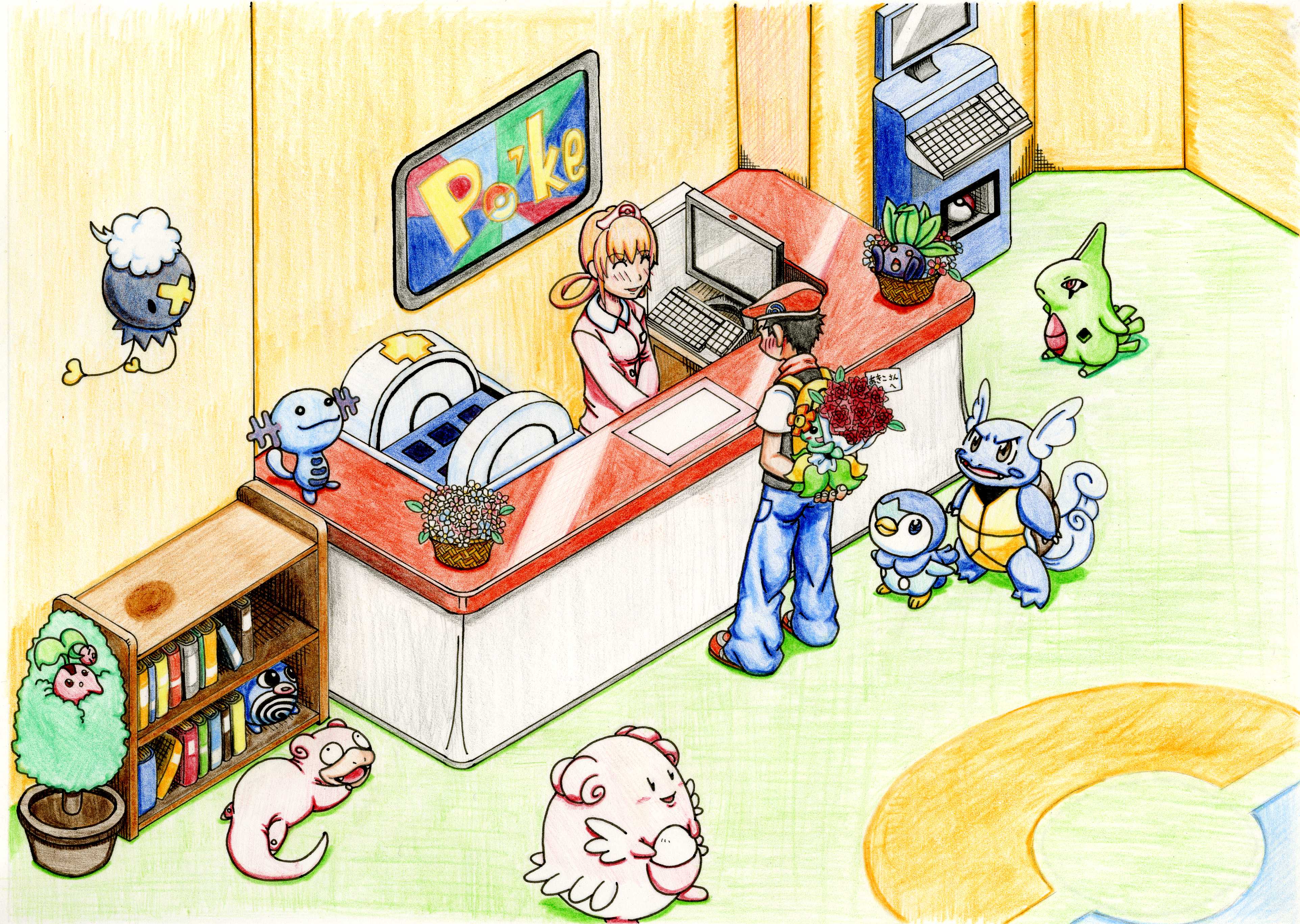 otsuru (artist), bellossom, blissey, chansey, cherubi, drifloon, larvitar, lucas (pokemon), oddish, piplup, poliwag, slowpoke, wartortle, wooper, nintendo, pokemon, absurdres, highres, 1boy, 1girl, ^ ^, blush, book, bookshelf, bouquet, closed eyes, computer, computer keyboard, flower, gen 1 pokemon, gen 2 pokemon, gen 4 pokemon, poke ball, pokemon (creature), technology