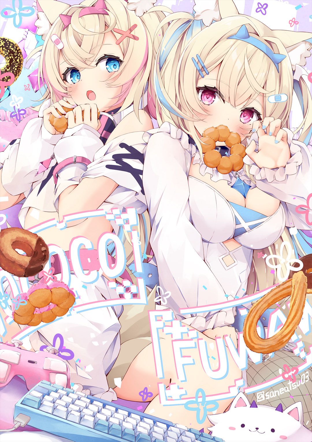 niwasane (saneatsu03), fuwawa abyssgard, fuwawa abyssgard (1st costume), mococo abyssgard, mococo abyssgard (1st costume), perroccino (fuwamoco), hololive, hololive english, commentary request, highres, 2girls, animal ear fluff, animal ears, bandaid, bandaid hair ornament, belt, blonde hair, blue eyes, blue hairband, blue streaks, blush, breasts, claw pose, cleavage, clothing cutout, detached sleeves, dog ears, donut, double-parted bangs, food, frills, hair intakes, hair ornament, hairband, hairclip, hand up, holding, holding food, instrument, keyboard (instrument), large breasts, long hair, looking at viewer, medium hair, midriff, mouth hold, multicolored hair, multiple girls, parallel hairclips, parted lips, pink belt, pink eyes, pink hairband, pink streaks, pon de ring, stomach cutout, two-tone hair, virtual youtuber, x hair ornament