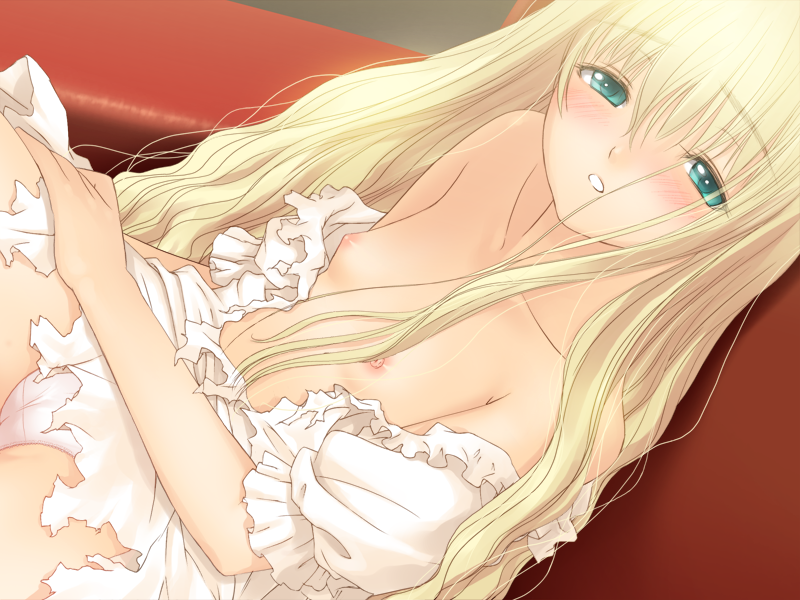 tony taka, shoujo (france shoujo), france shoujo, game cg, 1girl, blonde hair, blush, breasts, dutch angle, female focus, flat chest, green eyes, long hair, nipples, panties, petite, solo, torn clothes, torogao, underwear