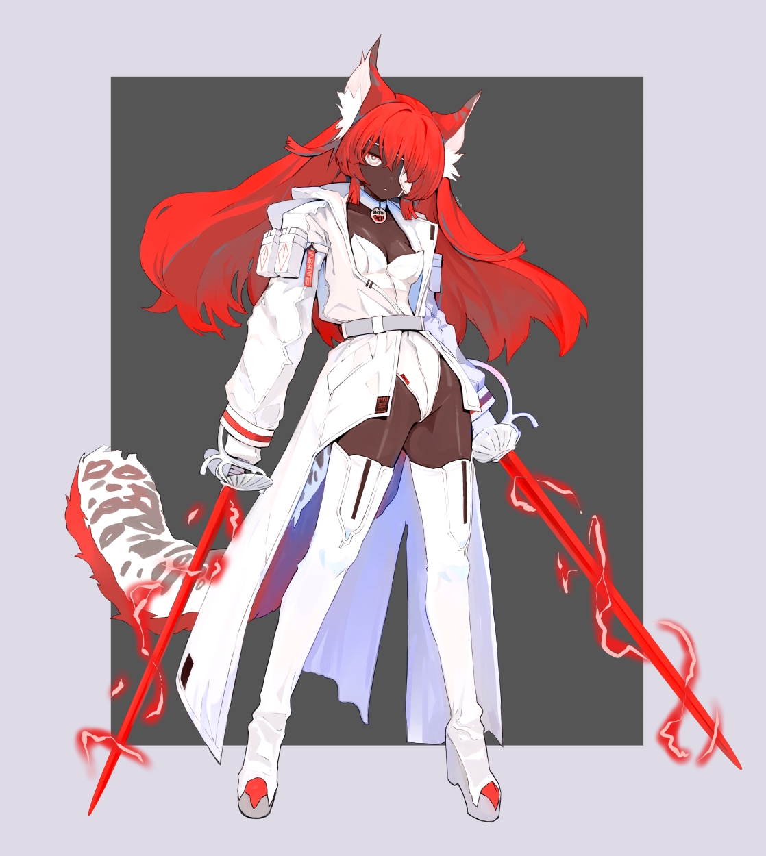eudetenis, original, commentary, english commentary, highres, 1girl, animal ear fluff, animal ears, boots, breasts, coat, collar, dark skin, dual wielding, eyepatch, full body, gloves, holding, holding sword, holding weapon, leotard, long coat, long hair, looking at viewer, medium breasts, rapier, red hair, solo, strapless, strapless leotard, sword, tail, thigh boots, very dark skin, weapon, white boots, white coat, white collar, white gloves, white leotard, yellow eyes