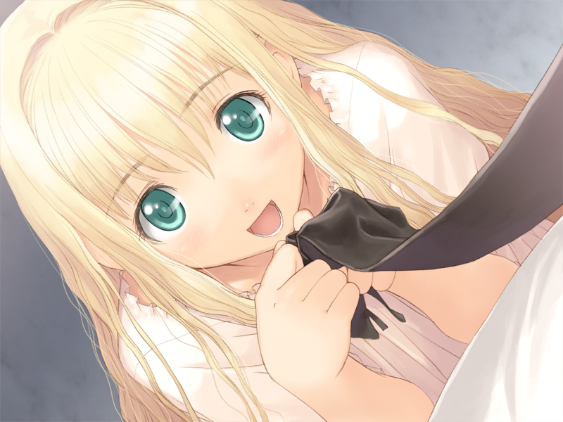 tony taka, shoujo (france shoujo), france shoujo, game cg, 1girl, blonde hair, clothes grab, dutch angle, female focus, green eyes, long hair, necktie, necktie grab, neckwear grab, open mouth, solo, solo focus
