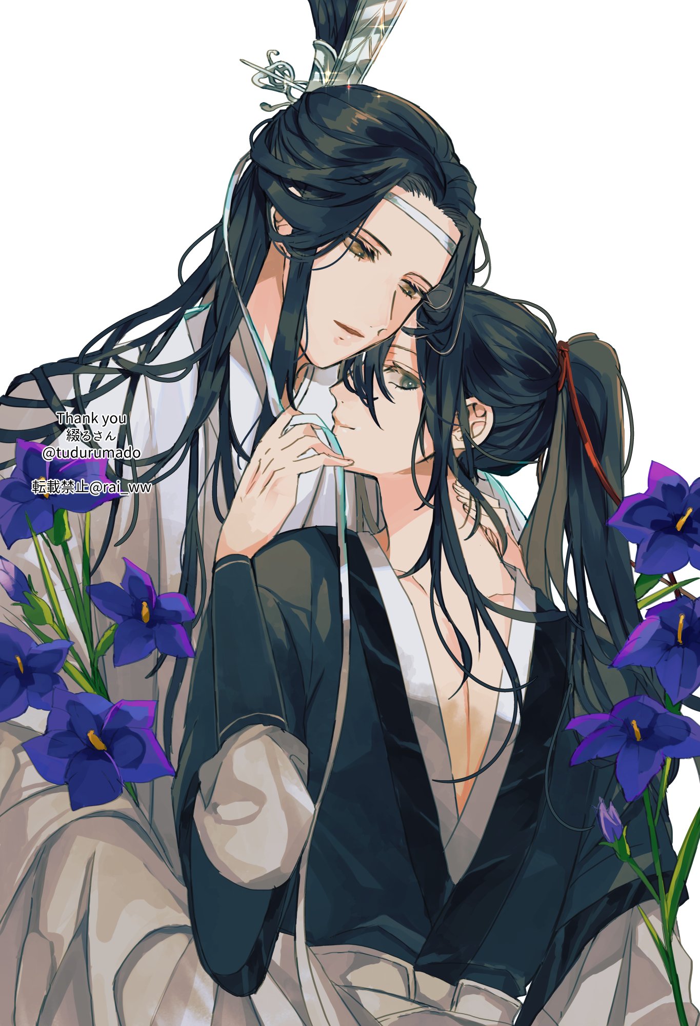 amana raika, lan wangji, wei wuxian, modao zushi, commentary request, highres, 2boys, bishounen, black hair, black hanfu, blue flower, chinese clothes, closed mouth, collarbone, couple, eyelashes, flower, grey eyes, grey sash, hair ribbon, hand on another's neck, hand up, hanfu, headband, height difference, high ponytail, holding, holding flower, holding ribbon, hug, hug from behind, long hair, long sleeves, looking at another, looking at viewer, male focus, multiple boys, parted lips, pectoral cleavage, pectorals, ponytail, profile, red ribbon, ribbon, robe, sidelocks, simple background, smile, topknot, twitter username, upper body, white background, white hanfu, white headband, white ribbon, wide sleeves, xiao guan (headdress), yaoi, yellow eyes