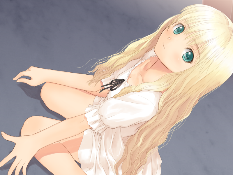 tony taka, shoujo (france shoujo), france shoujo, game cg, 1girl, blonde hair, dutch angle, female focus, flat chest, green eyes, legs, long hair, long legs, petite, sitting, solo