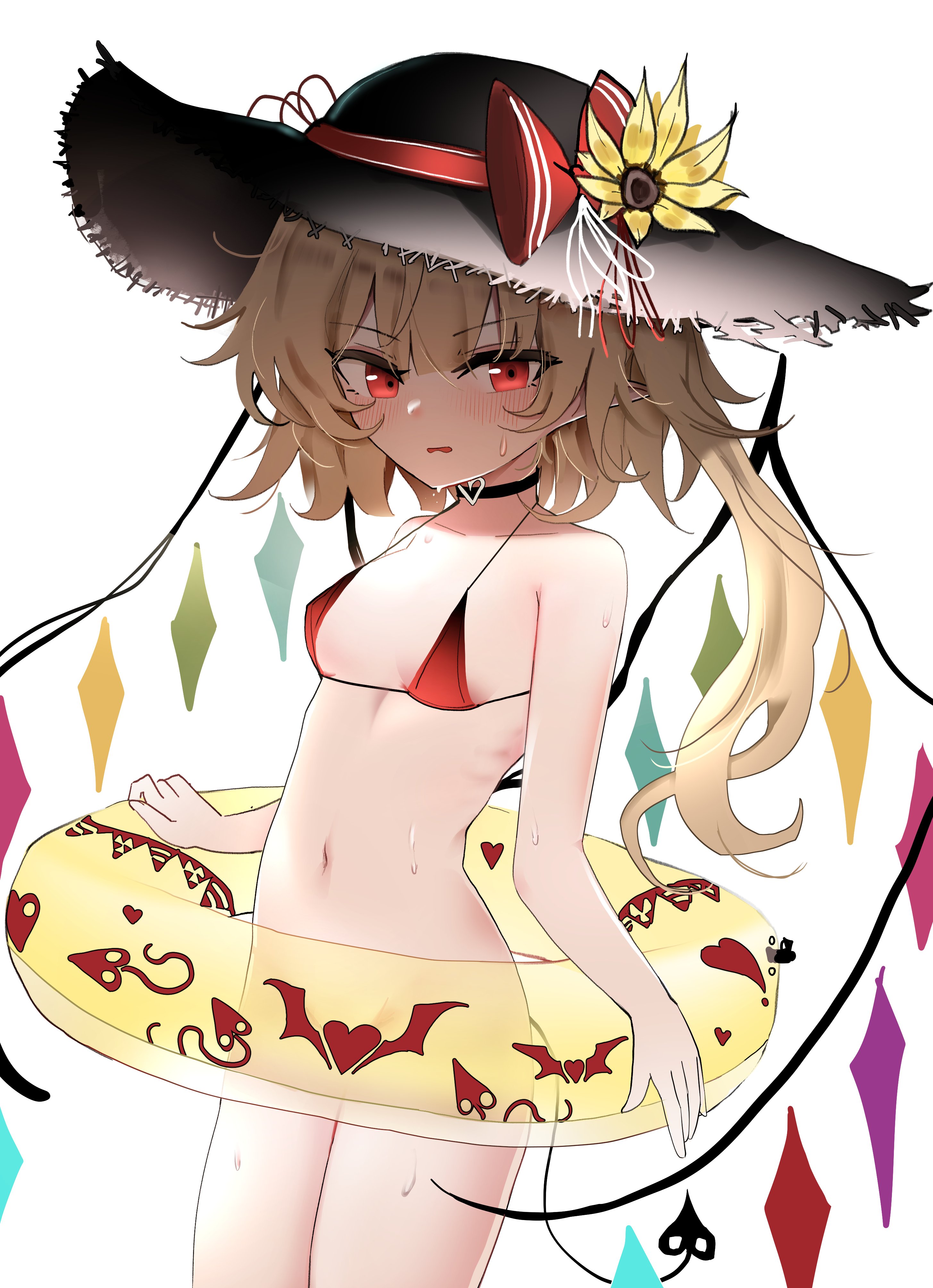 ougiikun, flandre scarlet, touhou, absurdres, commentary, highres, 1girl, bikini, bikini top only, blonde hair, blush, breasts, crystal wings, hat, innertube, long hair, midriff, navel, pointy ears, red bikini, side ponytail, small breasts, solo, straw hat, swim ring, swimsuit, thighs, vampire, wings