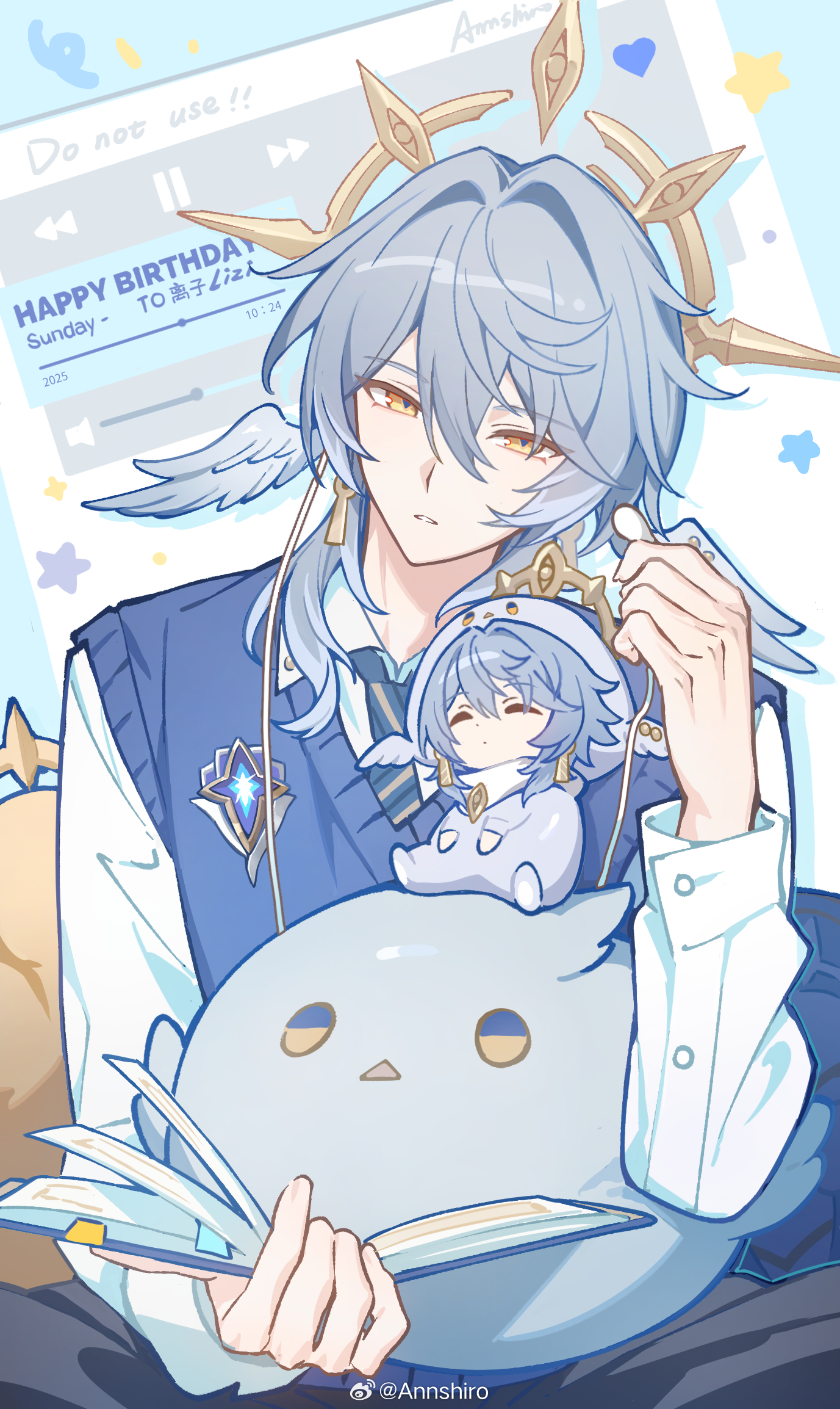 annshiro76, sunday (brilliant youth) (honkai: star rail), sunday (honkai: star rail), honkai: star rail, honkai (series), chinese commentary, commentary request, highres, 1boy, blue hair, blue sweater vest, book, brooch, character doll, collared shirt, doll, earbuds, earphones, earrings, feathered wings, hair between eyes, halo, halo behind head, happy birthday, head tilt, head wings, holding, holding book, holding earbud, indian style, jewelry, long hair, long sleeves, male focus, necktie, open book, piercing, school uniform, shirt, sitting, solo, sweater vest, white shirt, wing piercing, wings, yellow eyes
