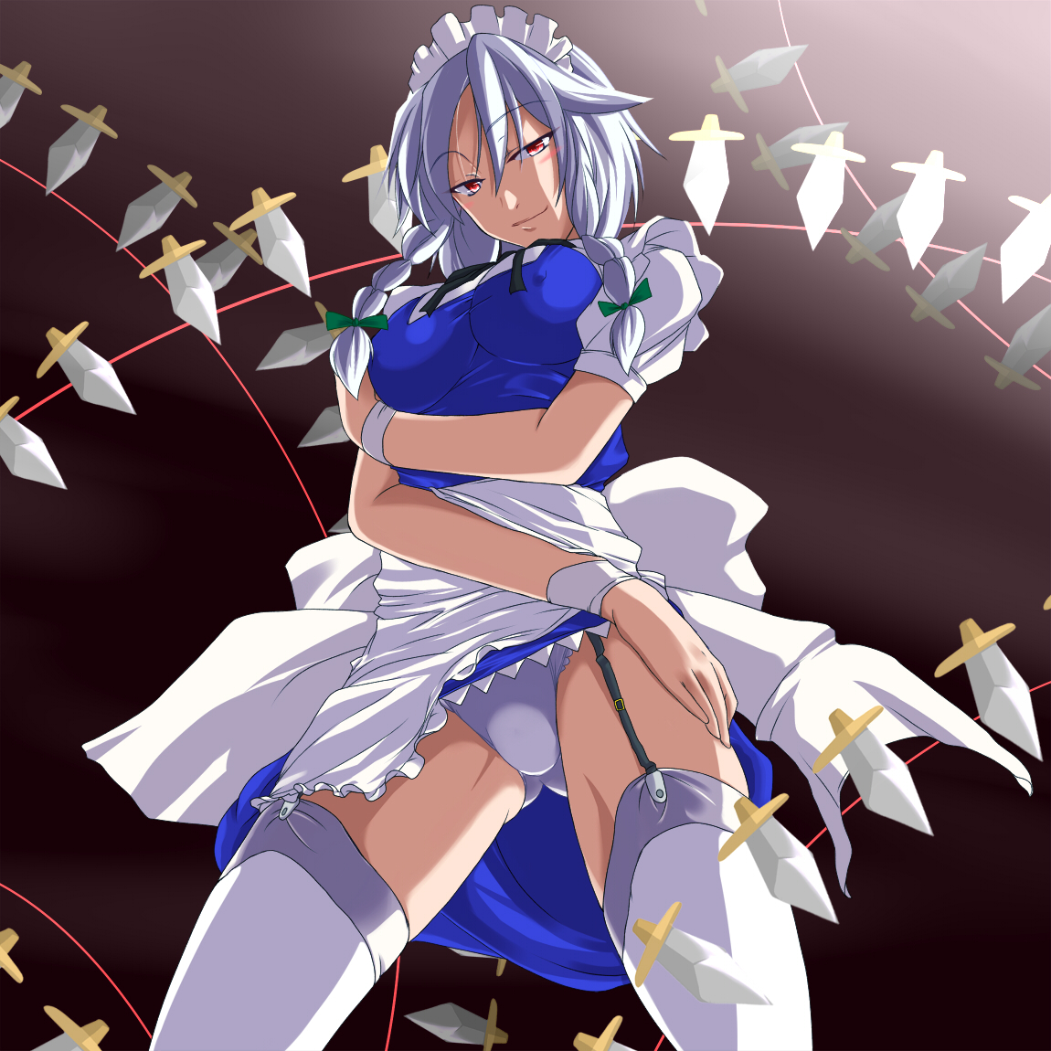 yamane akira, izayoi sakuya, embodiment of scarlet devil, touhou, breast hold, silver hair, bad id, bad pixiv id, 1girl, braid, breasts, covered erect nipples, female focus, garter belt, hairband, knife, large breasts, maid, maid headdress, naughty face, panties, pantyshot, red eyes, short hair, solo, thighhighs, twin braids, underwear, upskirt, wristband