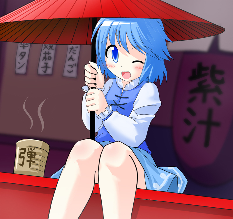 des (namaasi), tatara kogasa, touhou, 1girl, blue eyes, blue hair, blush, female focus, matching hair/eyes, one eye closed, sitting, solo, tea, umbrella, wink