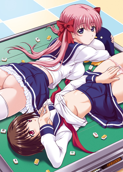 mizuki haruto, haramura nodoka, miyanaga saki, saki (manga), 00s, 2girls, ass, blue eyes, board game, breasts, brown hair, mahjong, midriff, multiple girls, no panties, panties, panty pull, pink hair, red eyes, school uniform, serafuku, thighhighs, underboob, underwear, white thighhighs