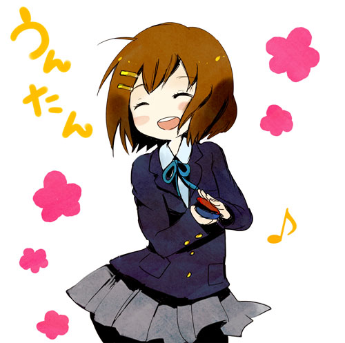 manami (artist), sugano manami, vaayunto yuuki, hirasawa yui, k-on!, lowres, 00s, 1girl, blazer, brown hair, castanets, closed eyes, female focus, instrument, jacket, pantyhose, school uniform, skirt, solo, un tan