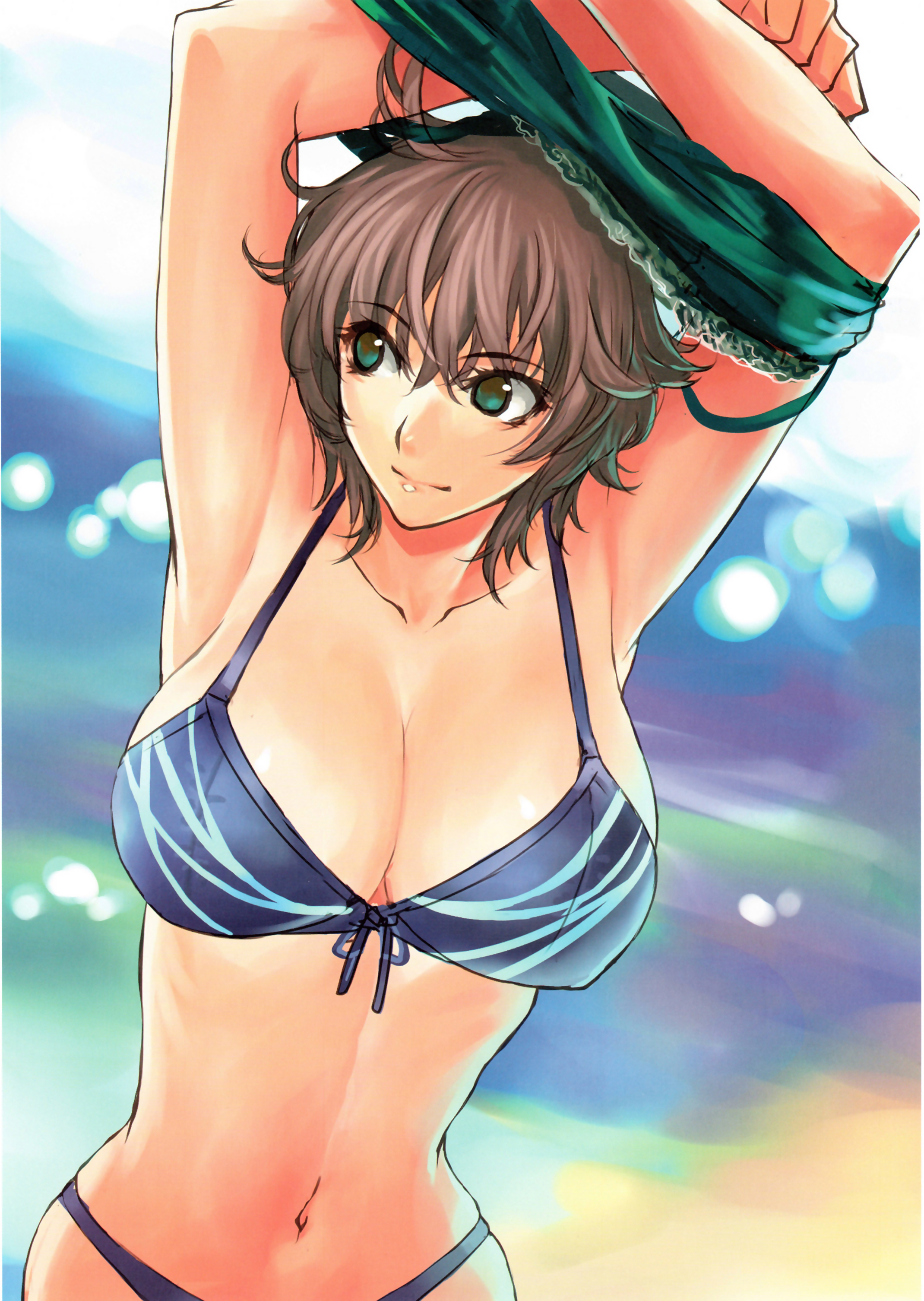 ran'ou (tamago no kimi), original, absurdres, highres, non-web source, 1girl, armpits, arms up, bikini, breasts, brown hair, clothes lift, female focus, green eyes, huge breasts, navel, shirt lift, short hair, solo, swimsuit