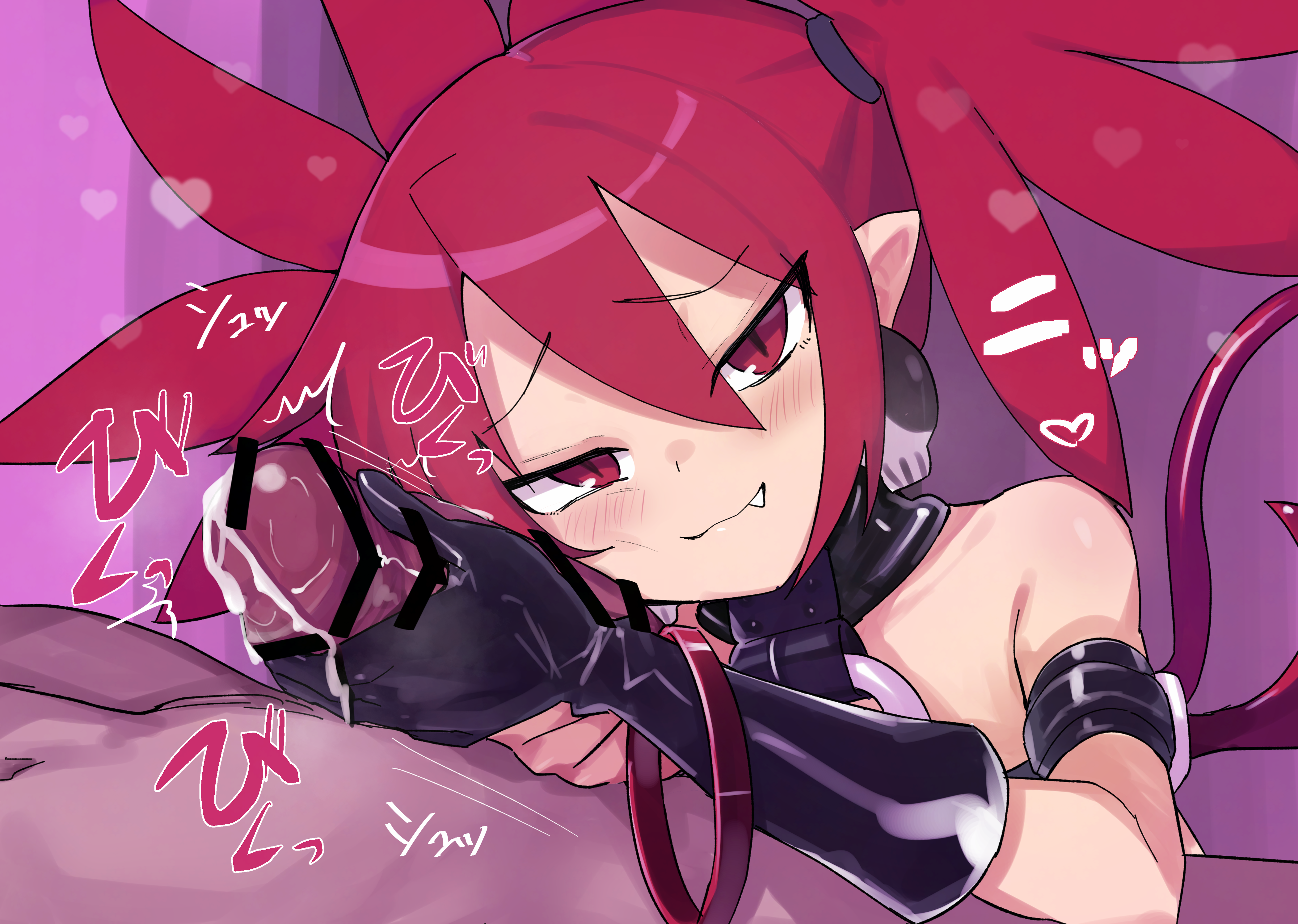 jank365m, etna (disgaea), disgaea, makai senki disgaea, absurdres, commentary request, highres, 1boy, 1girl, arm strap, bare shoulders, black choker, black gloves, black tube top, choker, demon girl, demon tail, demon wings, double-parted bangs, earrings, elbow gloves, erection, furrowed brow, gloves, hair between eyes, heart, hetero, hoop, jewelry, latex, latex gloves, o-ring, o-ring choker, penis, pointy ears, red eyes, red hair, shiny skin, short hair, short twintails, skull earrings, slit pupils, strapless, tail, tube top, twintails, wings