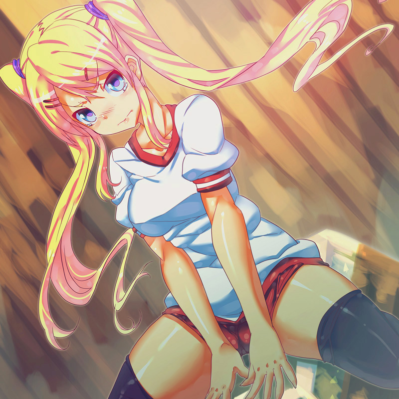 is ii, isii, original, 1girl, angry, blonde hair, blue eyes, blush, breasts, buruma, cameltoe, female focus, hair ornament, long hair, medium breasts, solo, thighhighs, twintails