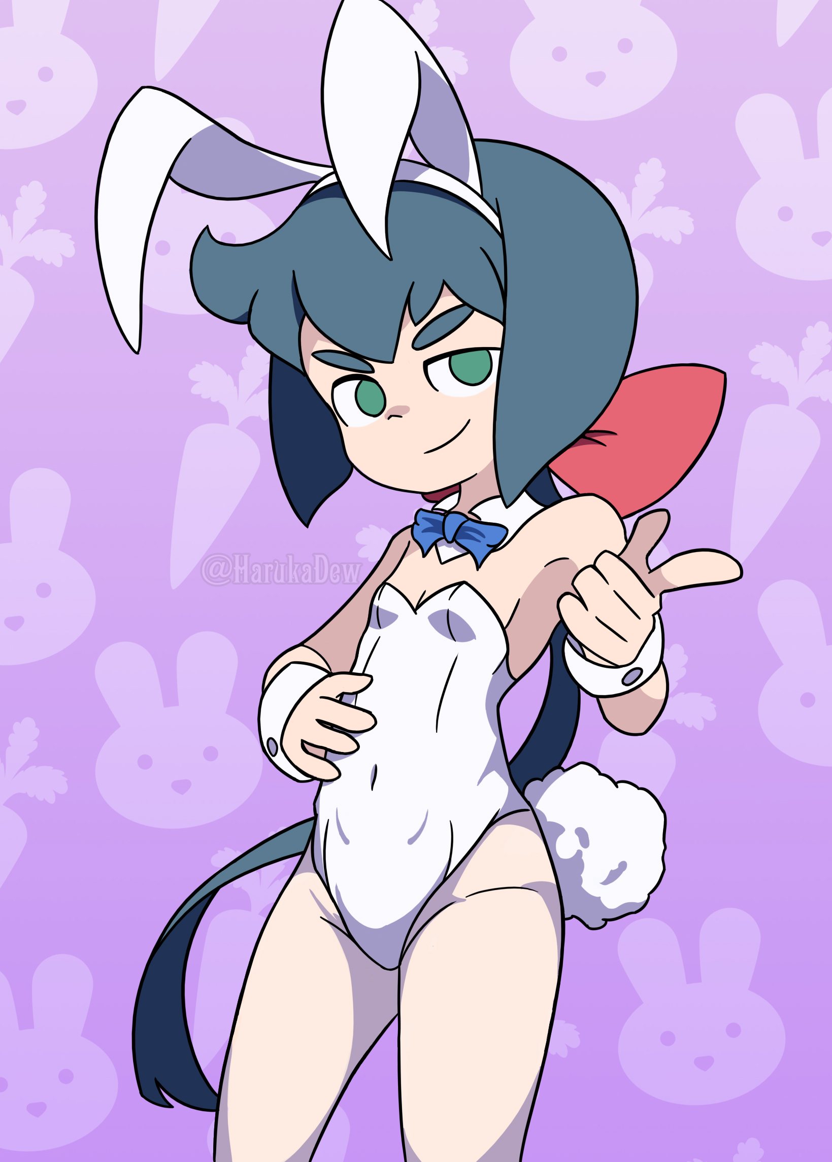 harukadew, constanze amalie von braunschbank-albrechtsberger, little witch academia, 1girl, animal ears, blue bow, blue bowtie, blue hair, bowtie, breasts, cleavage, closed mouth, covered navel, fake animal ears, fake tail, green eyes, hair ribbon, leotard, long hair, looking at viewer, playboy bunny, rabbit ears, rabbit tail, ribbon, simple background, small breasts, smile, solo, tail, white leotard