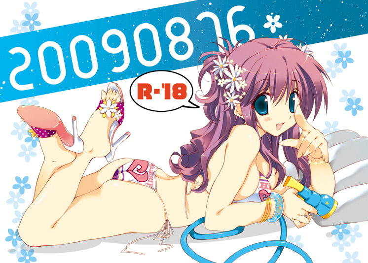 takanae kyourin, original, 1girl, ass, bikini, blue eyes, female focus, high heel sandals, high heels, lying, on stomach, open shoes, purple hair, sandals, shoes, side-tie bikini bottom, solo, swimsuit