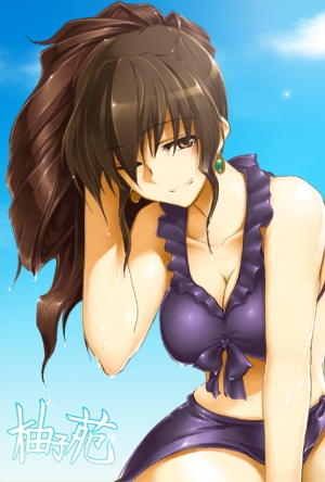 yuzun, ushiromiya natsuhi, umineko no naku koro ni, lowres, 00s, 1girl, bikini, breasts, brown eyes, brown hair, cleavage, earrings, female focus, jewelry, mature female, one eye closed, purple bikini, smile, solo, swimsuit, wink