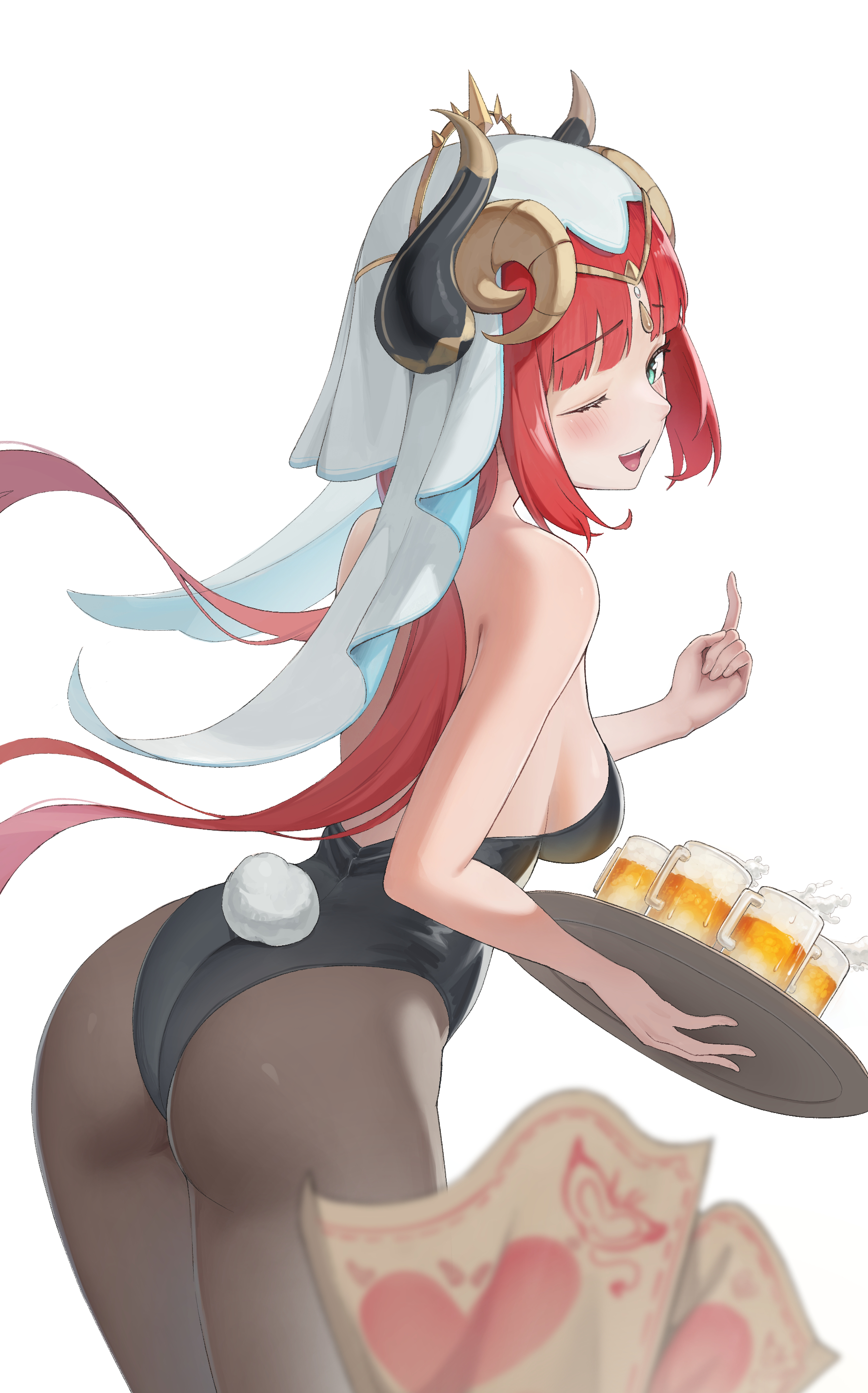 drelouder, nilou (genshin impact), genshin impact, absurdres, commentary, highres, 1girl, ;d, alternate costume, ass, backless leotard, bare shoulders, black leotard, black pantyhose, blush, breasts, fake tail, highleg, highleg leotard, holding, holding tray, leotard, long hair, looking at viewer, looking back, medium breasts, one eye closed, open mouth, pantyhose, rabbit tail, red hair, simple background, smile, solo, strapless, strapless leotard, tail, tray, twintails, veil, very long hair, white background, white veil