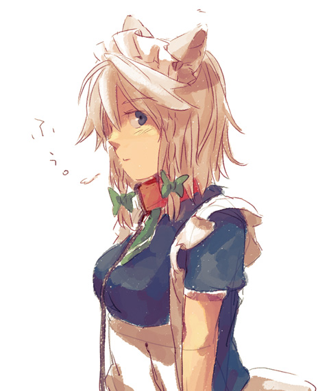 takishima asaka, inu sakuya (nejikirio), izayoi sakuya, touhou, silver hair, 1girl, animal ears, blue eyes, braid, collar, dog ears, female focus, kemonomimi mode, leash, short hair, simple background, solo, twin braids