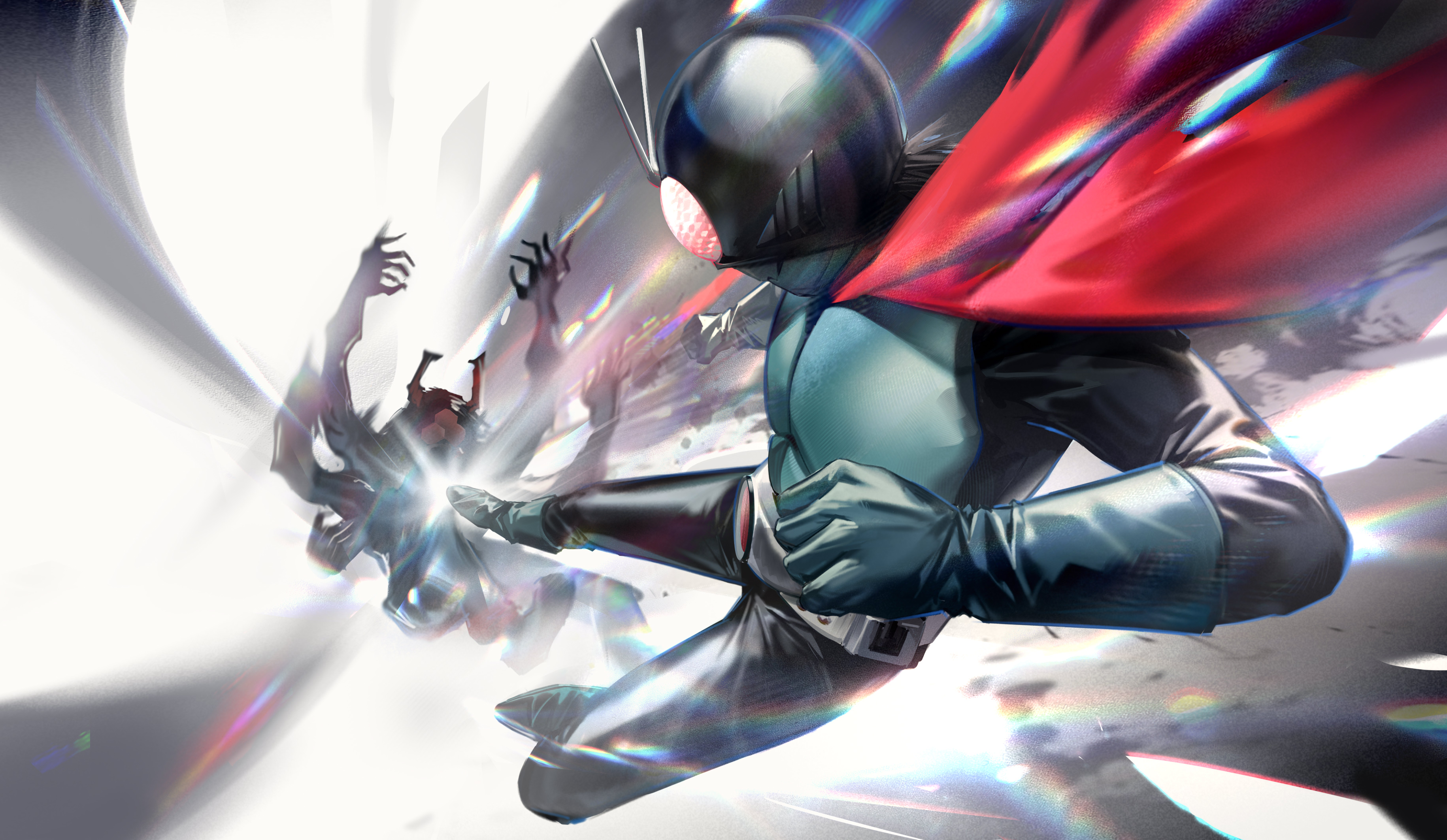 jiuri jiuhao, kamen rider 1, kamen rider, kamen rider (1st series), absurdres, commentary, english commentary, highres, 1boy, armor, black bodysuit, bodysuit, flying kick, full body, green armor, green helmet, helmet, kicking, male focus, red scarf, rider kick, scarf, solo focus, typhoon (kamen rider)