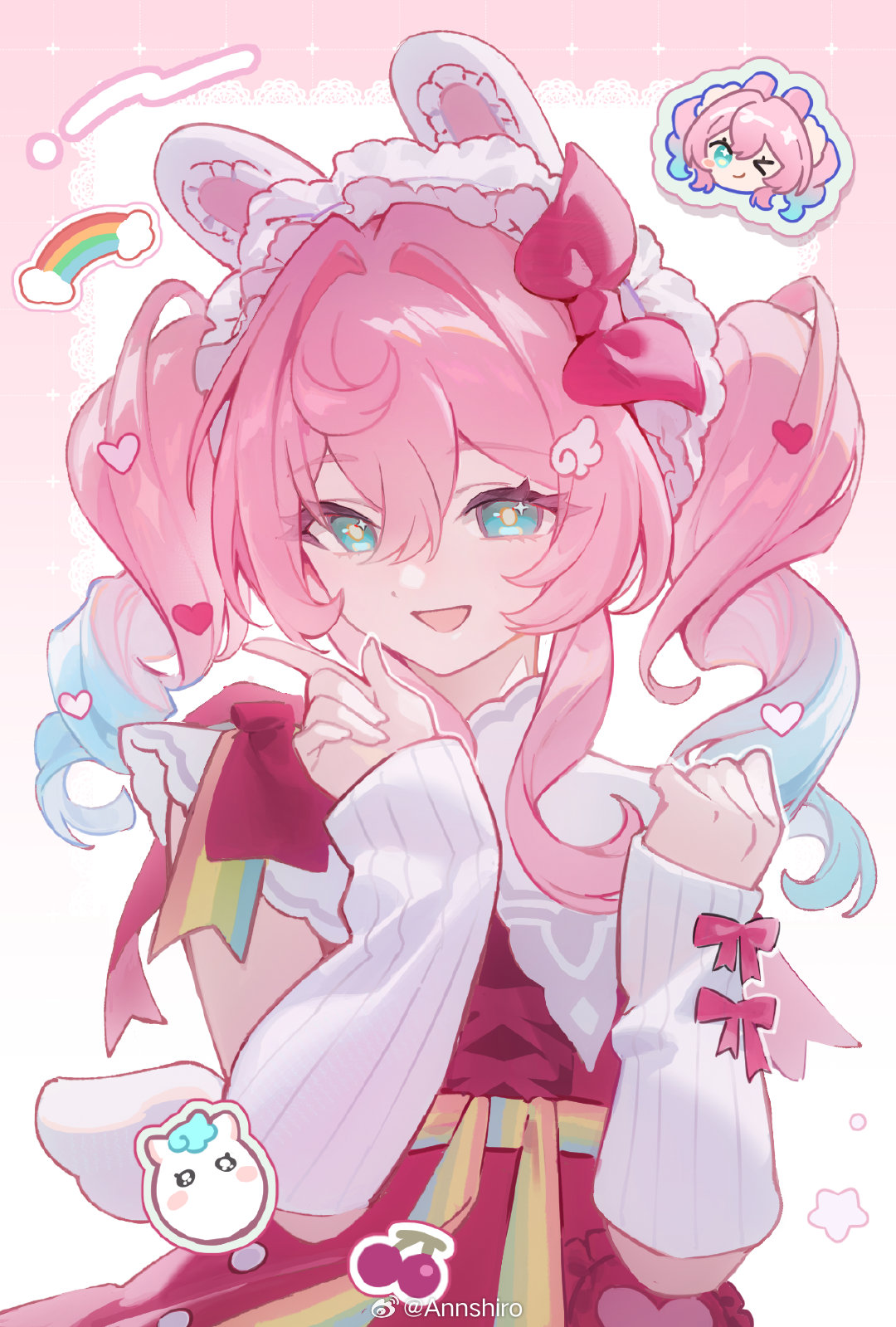 annshiro76, hyacine (honkai: star rail), little ica (honkai: star rail), honkai: star rail, honkai (series), commentary, hashtag-only commentary, highres, symbol-only commentary, 1girl, alternate costume, animal ear hairband, animal ears, aqua hair, arm warmers, bow, character sticker, dress, drill hair, fake animal ears, frilled headwear, gradient hair, green eyes, hair between eyes, hair intakes, hair ornament, hairband, hat, head bow, headband, heart, heart hair ornament, index finger raised, long hair, long sidelocks, looking at viewer, multicolored hair, open mouth, pink bow, pink hair, pink ribbon, puritan collar, rainbow, red dress, red hat, ribbon, short sleeves, sidelocks, smile, solo, sticker, twintails, upper body, watermark, weibo watermark, white arm warmers