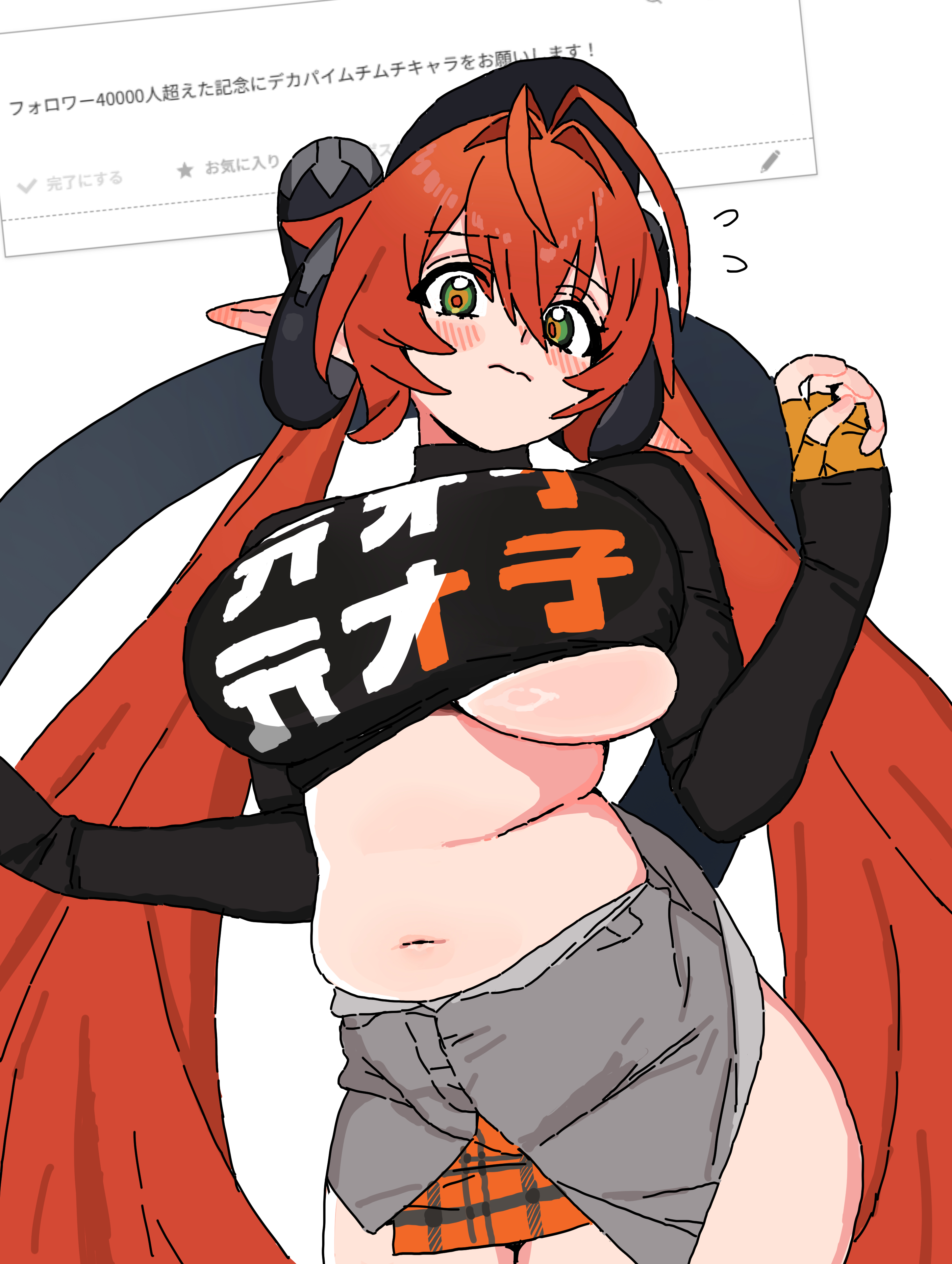 andii (anzai teachco), belle (zenless zone zero), orphie magnusson, zenless zone zero, absurdres, commentary request, highres, 1girl, alternate costume, antenna hair, belle (zenless zone zero) (cosplay), belly, black hat, black horns, black shirt, blush, breasts, bursting breasts, closed mouth, cosplay, cowboy shot, curled horns, ear blush, fingerless gloves, flying sweatdrops, gloves, green eyes, grey skirt, hair between eyes, hair intakes, hand up, hat, horns, large breasts, long hair, looking at viewer, navel, orange gloves, orange hair, orange pupils, plump, pointy ears, print shirt, shirt, simple background, single fingerless glove, skirt, solo, stomach, twintails, white background