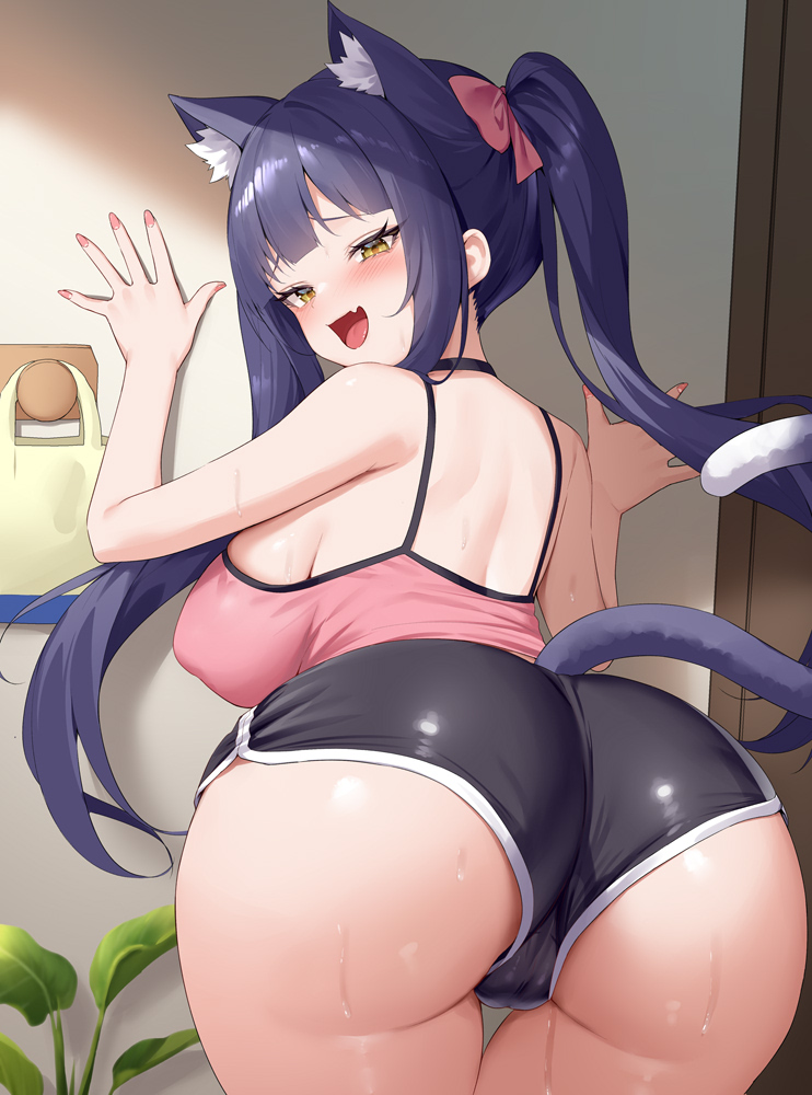 alexmaster, original, commentary request, 1girl, animal ear fluff, animal ears, ass, back, bare arms, black shorts, blush, bow, breasts, camisole, cat ears, cat girl, cat tail, hair bow, huge breasts, long hair, looking at viewer, nape, naughty face, pink bow, pink camisole, plant, potted plant, purple eyes, purple hair, short shorts, shorts, shoulder blades, sideboob, sidelocks, solo, standing, tail, thighs, twintails