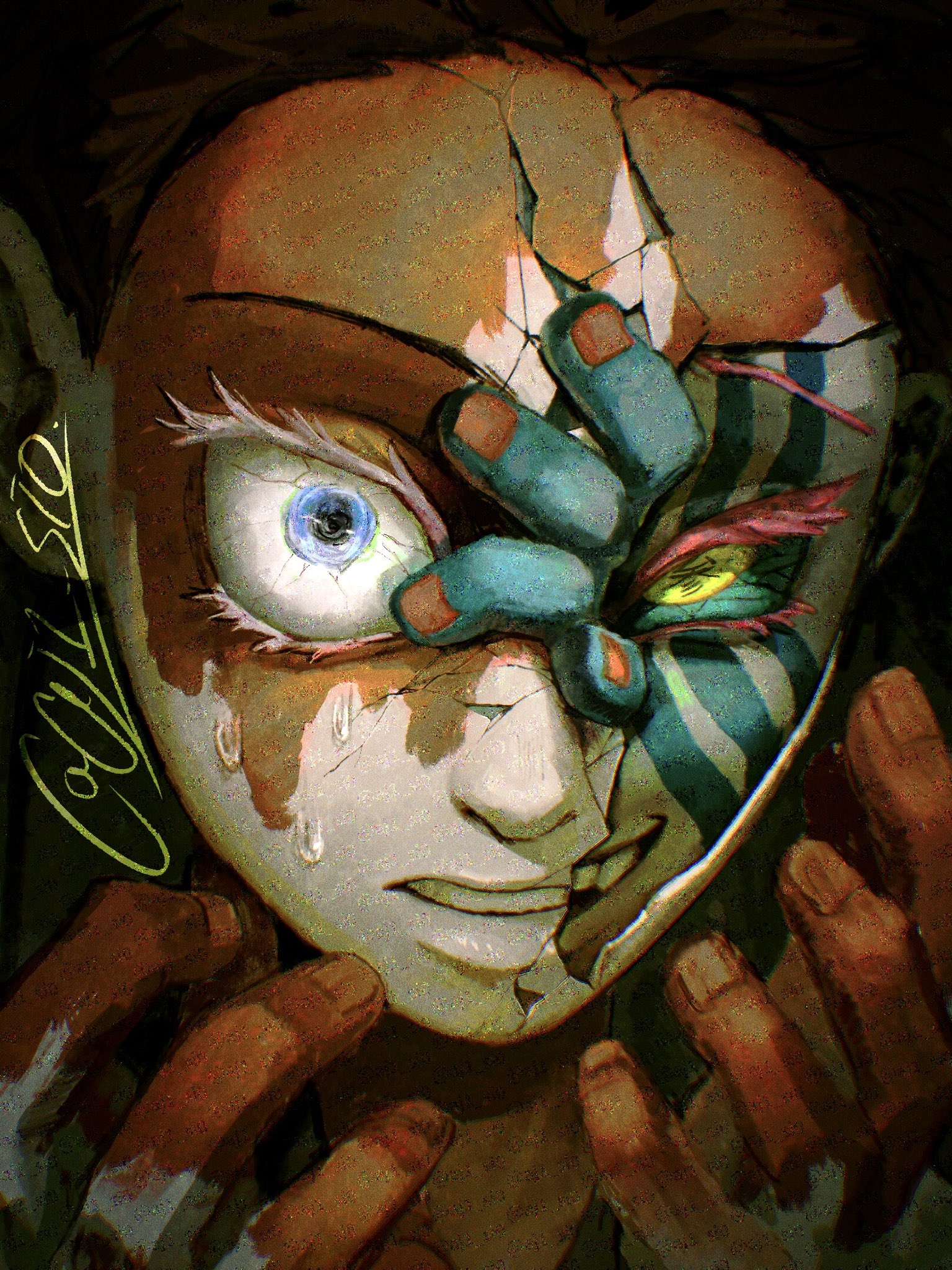 akaza (kimetsu no yaiba), hakuji (kimetsu no yaiba), kimetsu no yaiba, commentary request, highres, 1boy, aj1 si0, blue eyes, colored sclera, cracked kawaii mask, cracking skin, demon boy, dual persona, facial tattoo, green sclera, grin, looking at viewer, male focus, orange nails, portrait, short hair, smile, sweat, tattoo, yellow eyes