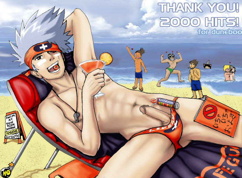 mdy, hatake kakashi, rock lee, sarutobi asuma, uchiha sasuke, umino iruka, uzumaki naruto, naruto (classic), naruto (series), 6+boys, beach, book, candy, erection, food, grey hair, male focus, multiple boys, ocean, penis, scar, teacher, uncensored, yaoi