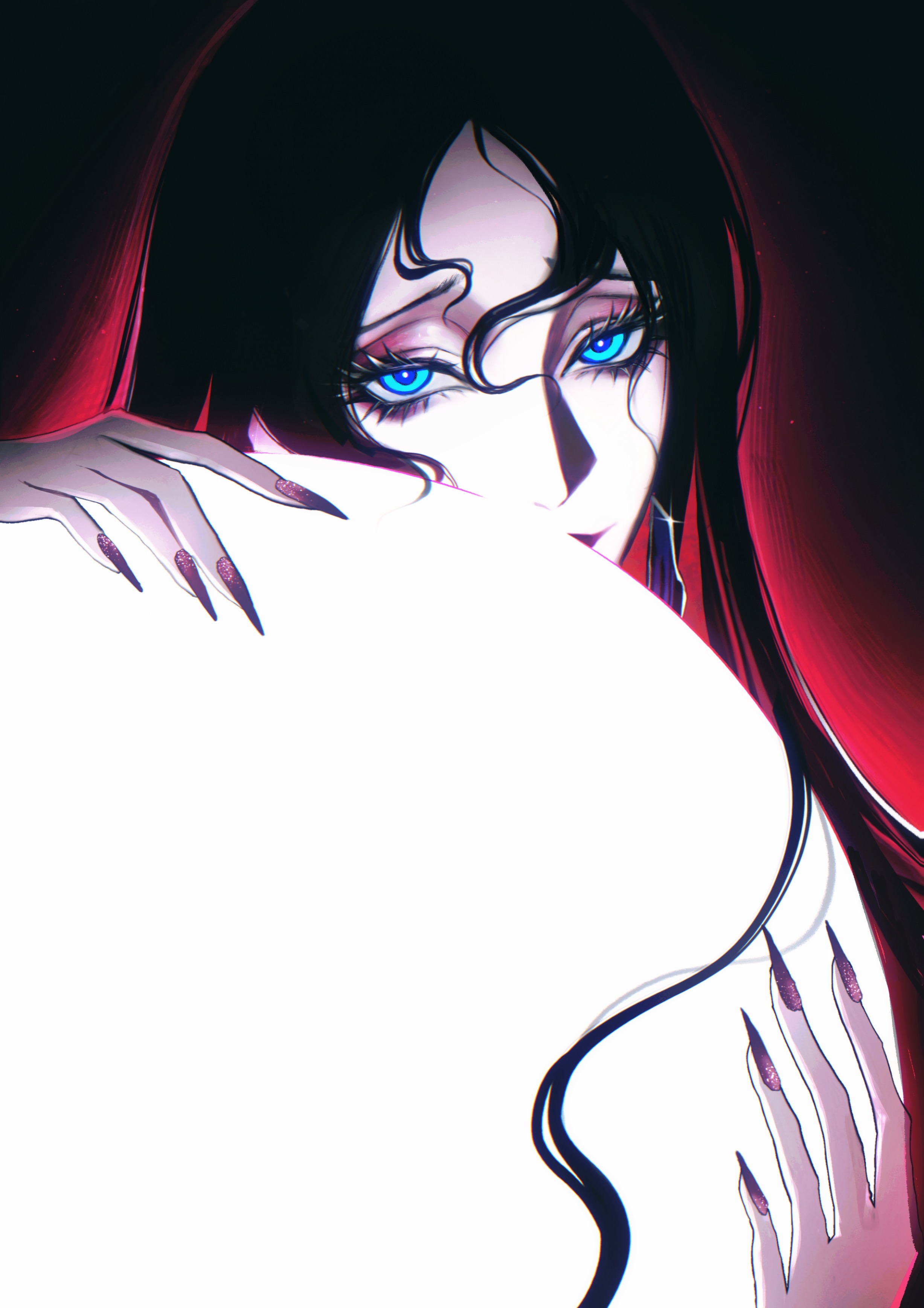 yu zhezhe, shin (path to nowhere), path to nowhere, absurdres, chinese commentary, commentary request, highres, 1girl, aura, black background, black hair, blue eyes, covered mouth, eyelashes, eyeshadow, fingernails, glint, glitter nails, glowing, hair between eyes, holding, light particles, long fingernails, long hair, looking at viewer, makeup, parted bangs, red aura, sharp fingernails, solo, upper body