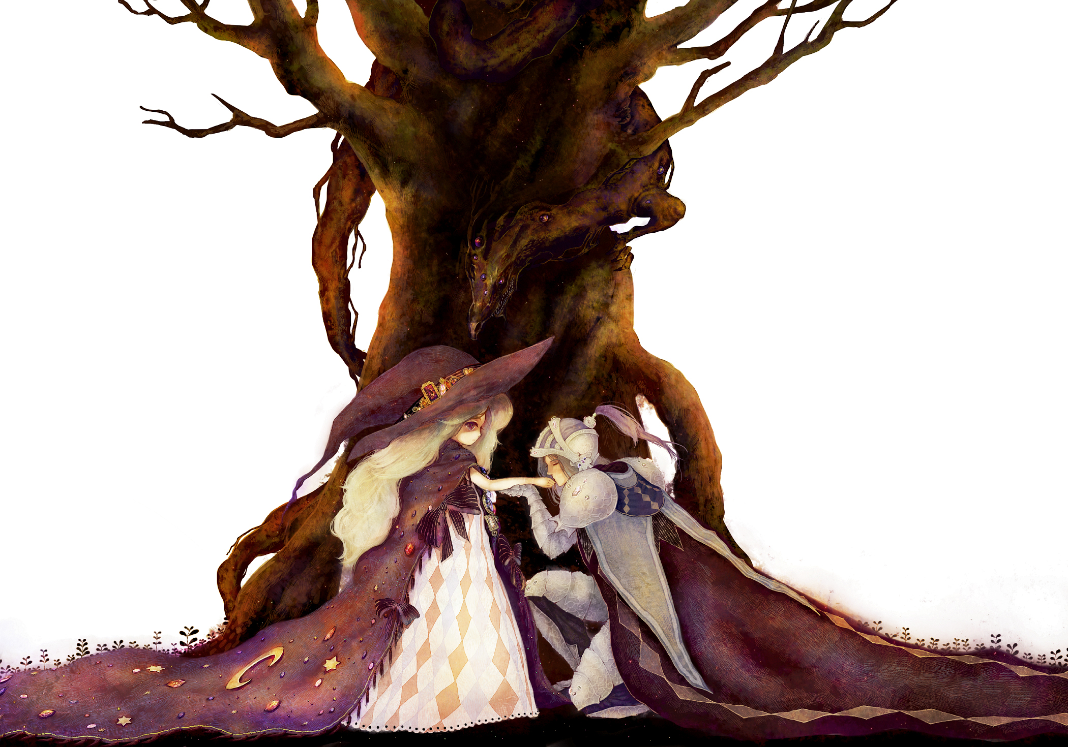 manbou no suiso, original, bad id, bad pixiv id, highres, 1boy, 1girl, armor, blonde hair, hat, hetero, kiss, kissing hand, kneeling, knight, long hair, on one knee, simple background, standing, tree, witch hat