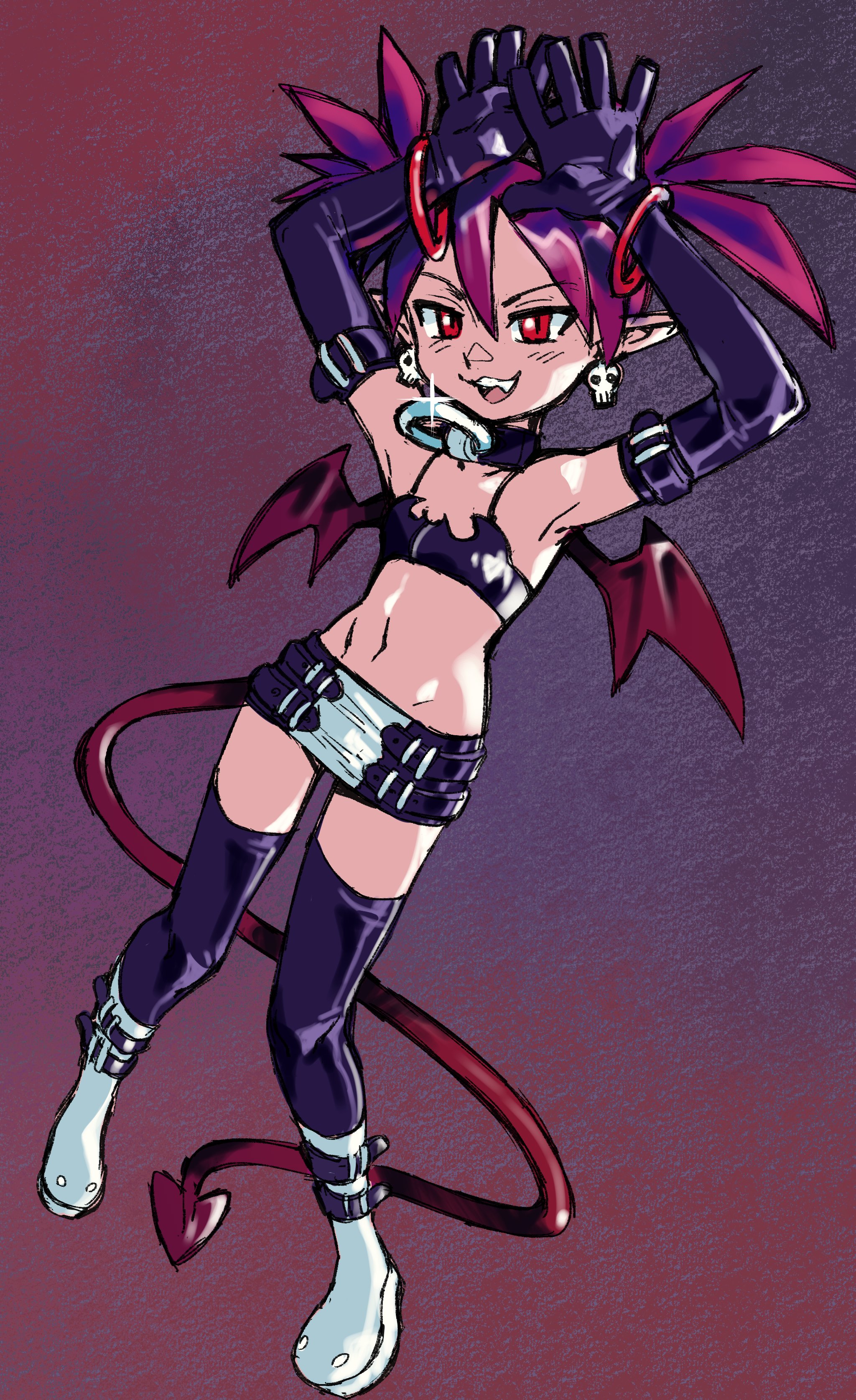 woogleboy, etna (disgaea), disgaea, makai senki disgaea, absurdres, commentary, english commentary, highres, 1girl, arms up, bandeau, bat wings, belt, belted skirt, black bandeau, black gloves, black skirt, black thighhighs, boots, bracelet, choker, demon girl, demon tail, demon wings, earrings, elbow gloves, fang, flat chest, full body, glint, gloves, jewelry, looking at viewer, midriff, mini wings, miniskirt, multiple belts, navel, o-ring, o-ring choker, o-ring collar, open mouth, pointy ears, red eyes, red hair, red tail, red wings, skirt, skull earrings, slit pupils, smile, solo, tail, thighhighs, twintails, two-tone skirt, v-shaped eyebrows, white boots, white skirt, wings